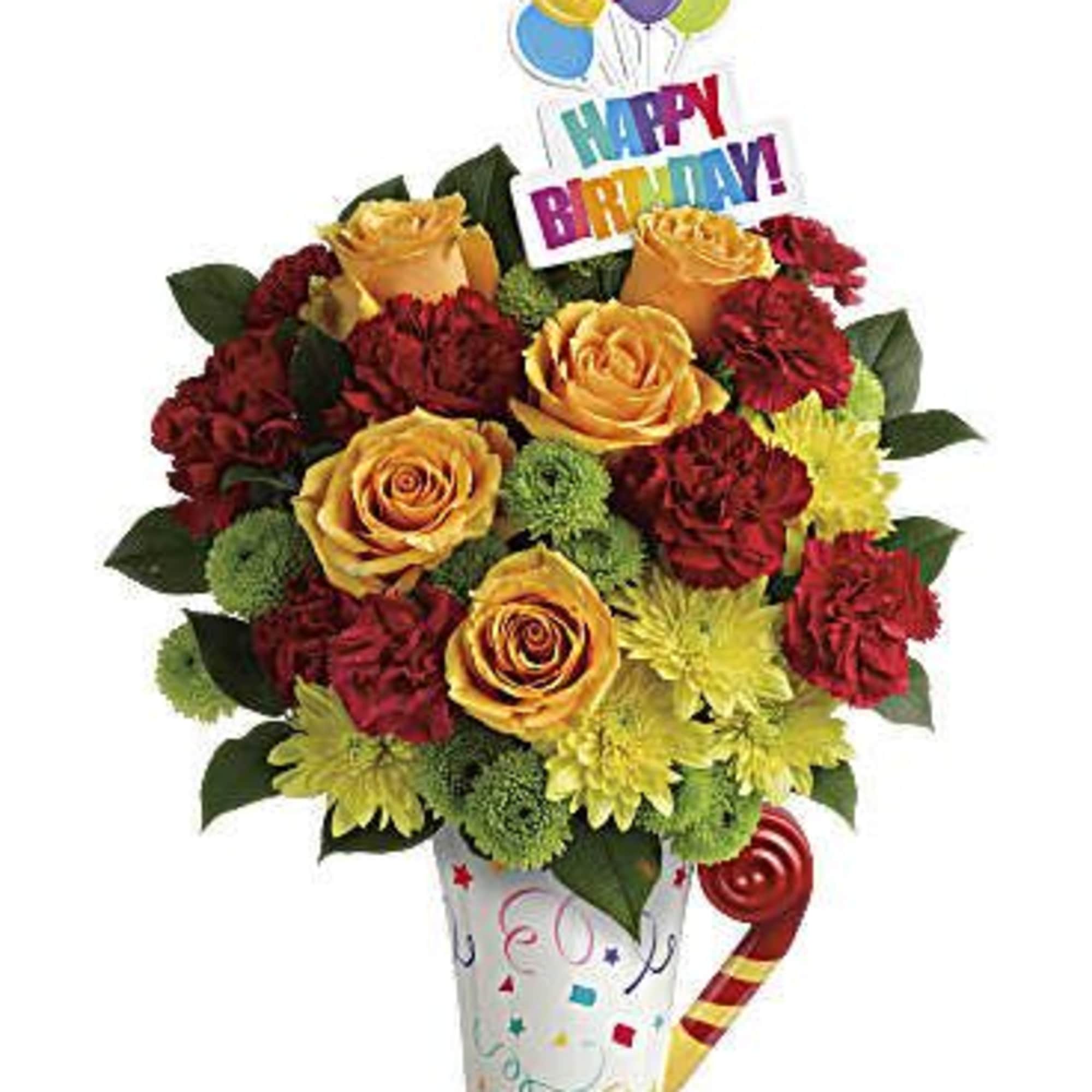 Birthday bouquet of roses, carnations, and chrysanthemums in a decorated cup