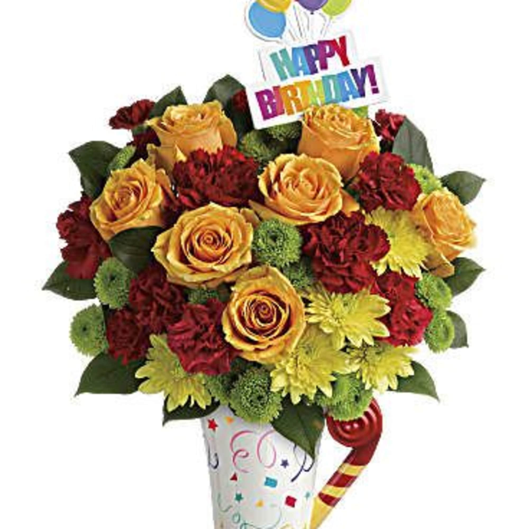 Birthday bouquet of roses and chrysanthemums with balloons and a party topper