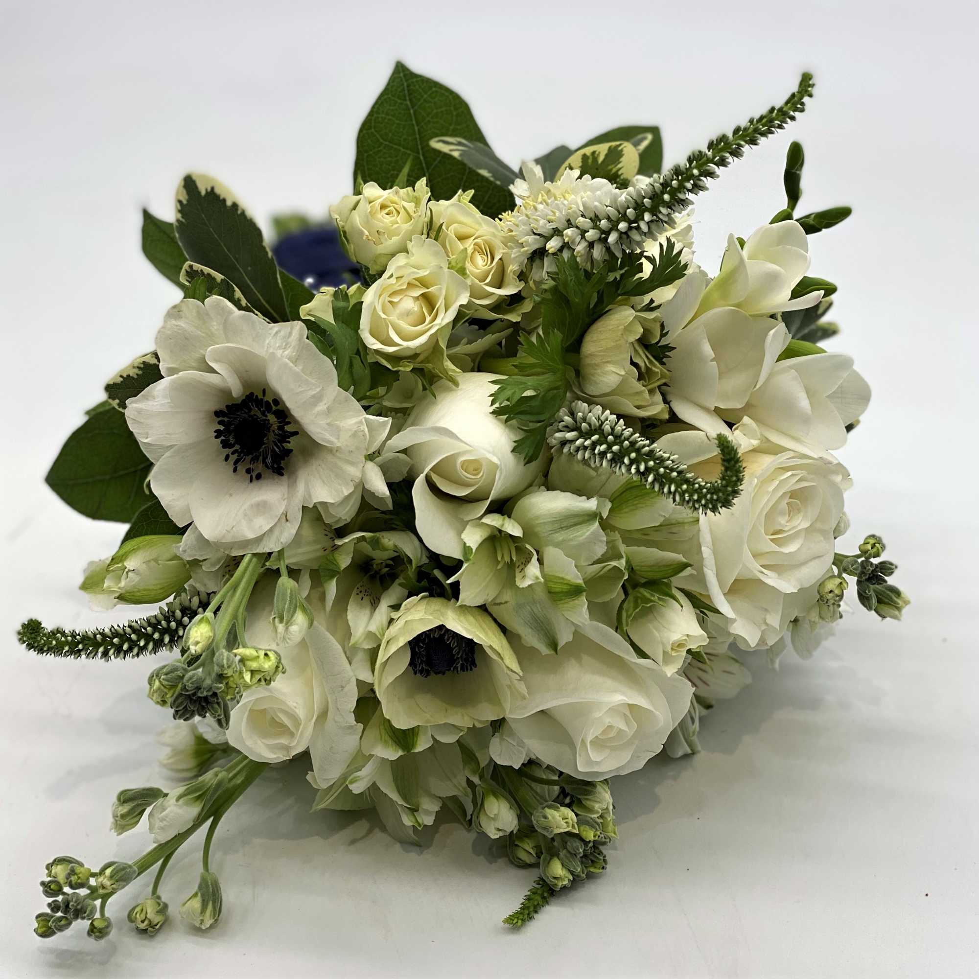 Lush whites with the beautiful pop of a white anemone with dark