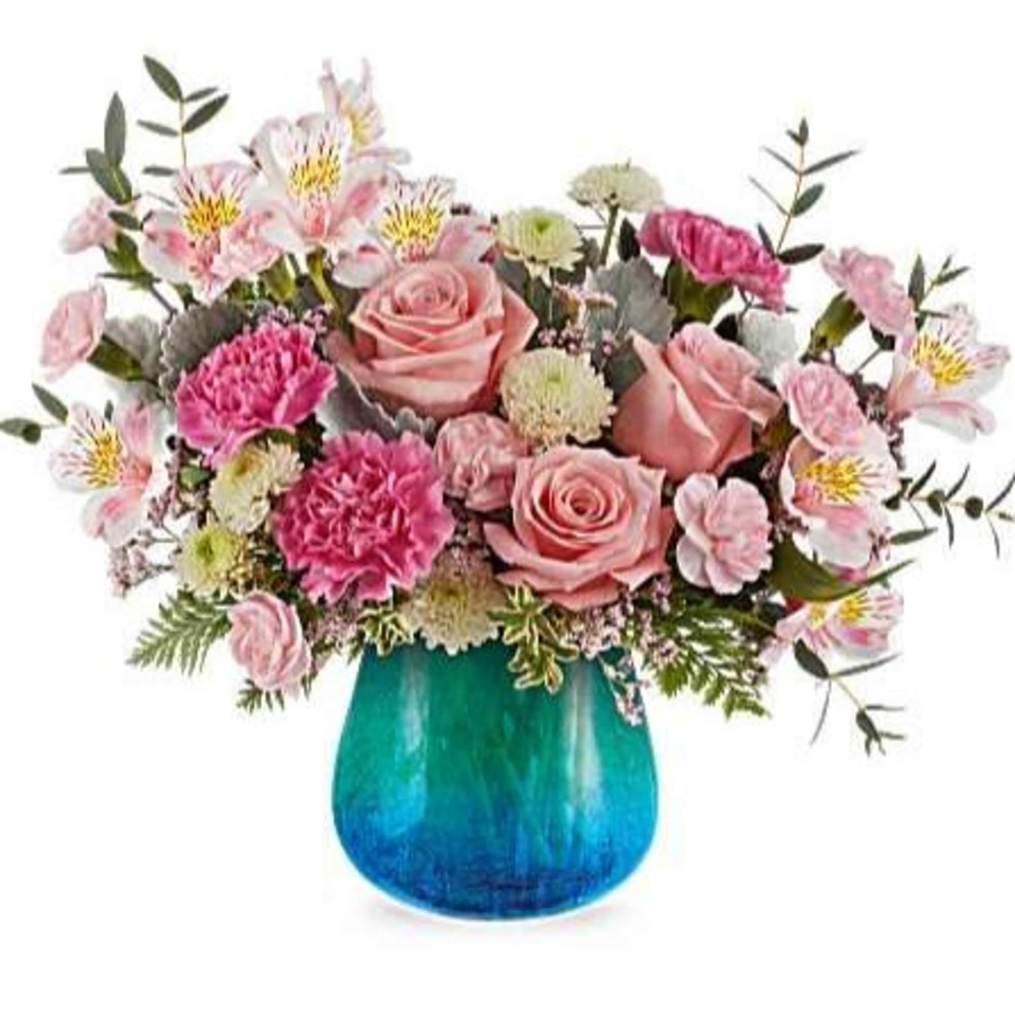 Soft and serene, Teleflora's Blue Hues Bouquet delights with blush pink blooms