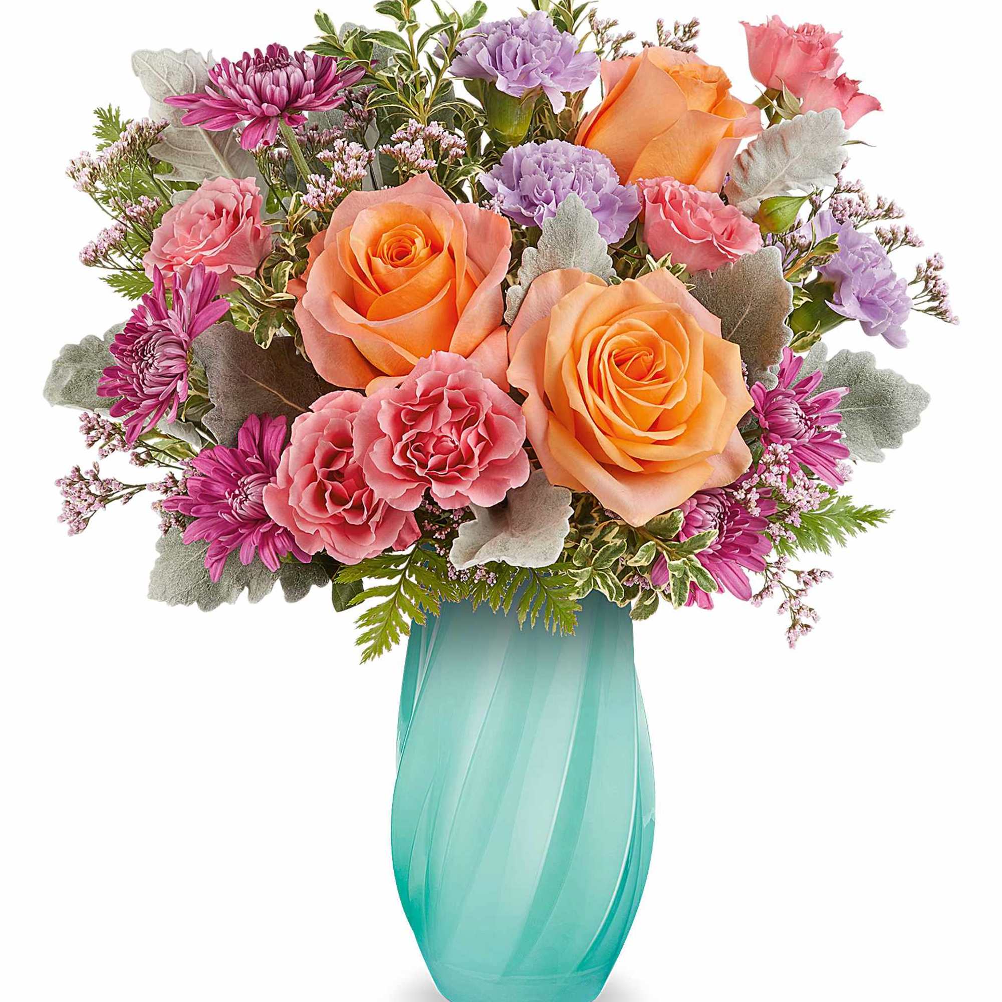 Bouquet of orange and pink roses with purple carnations in a turquoise vase
