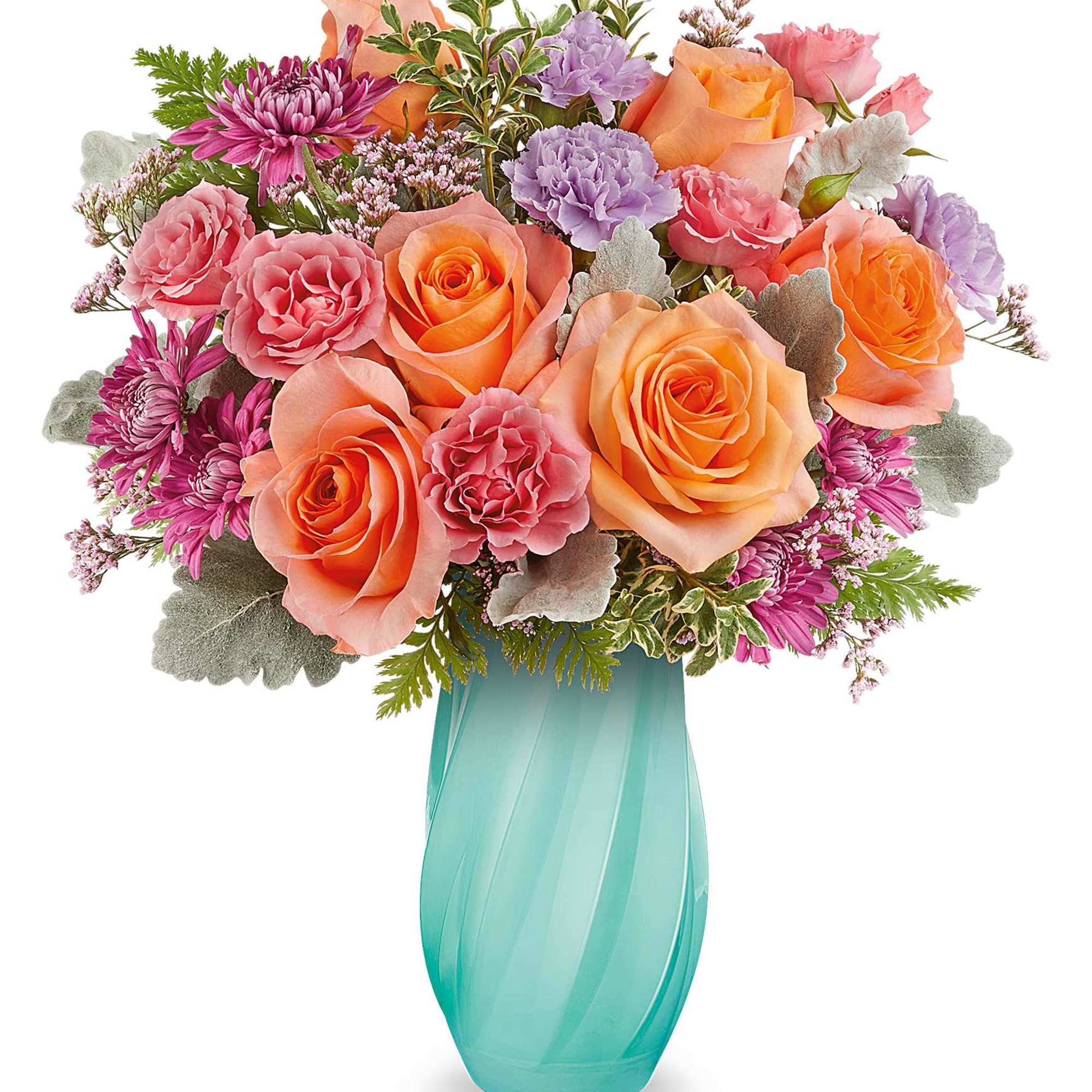 Bouquet of peach and pink roses with purple flowers in a turquoise vase