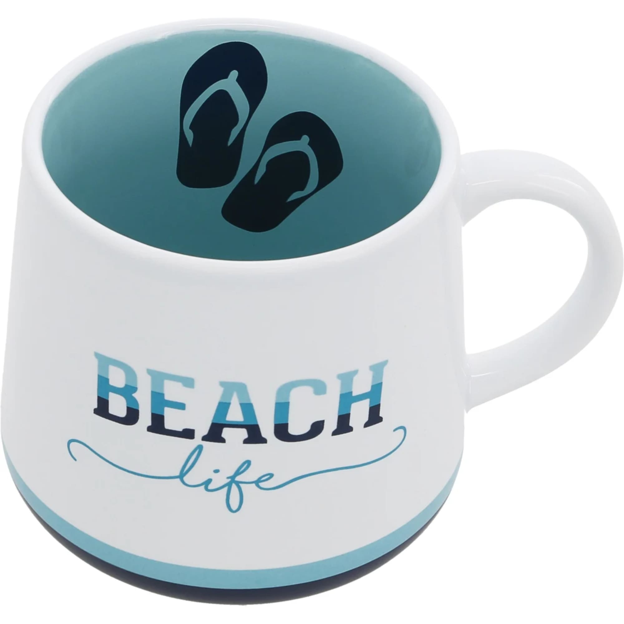 This 18 oz stoneware mug has beaker-shaped walls and a glossy finish.