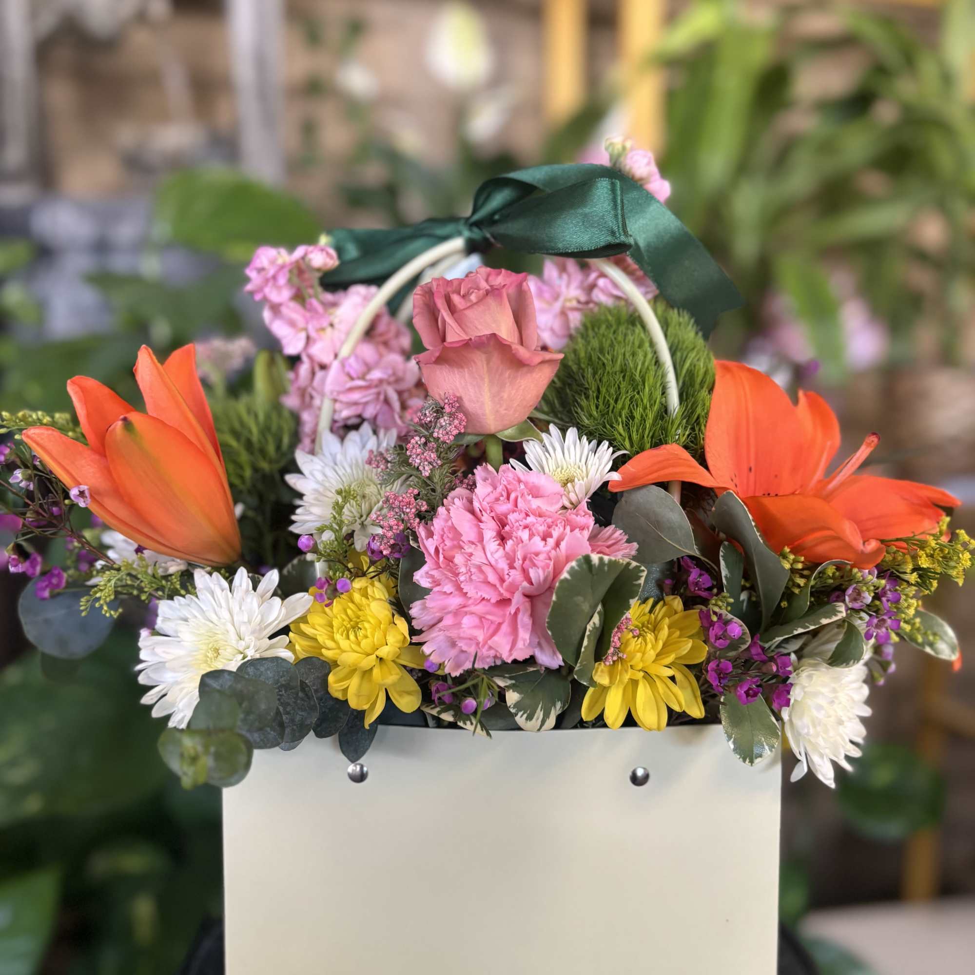 Fresh floral in purse setting 