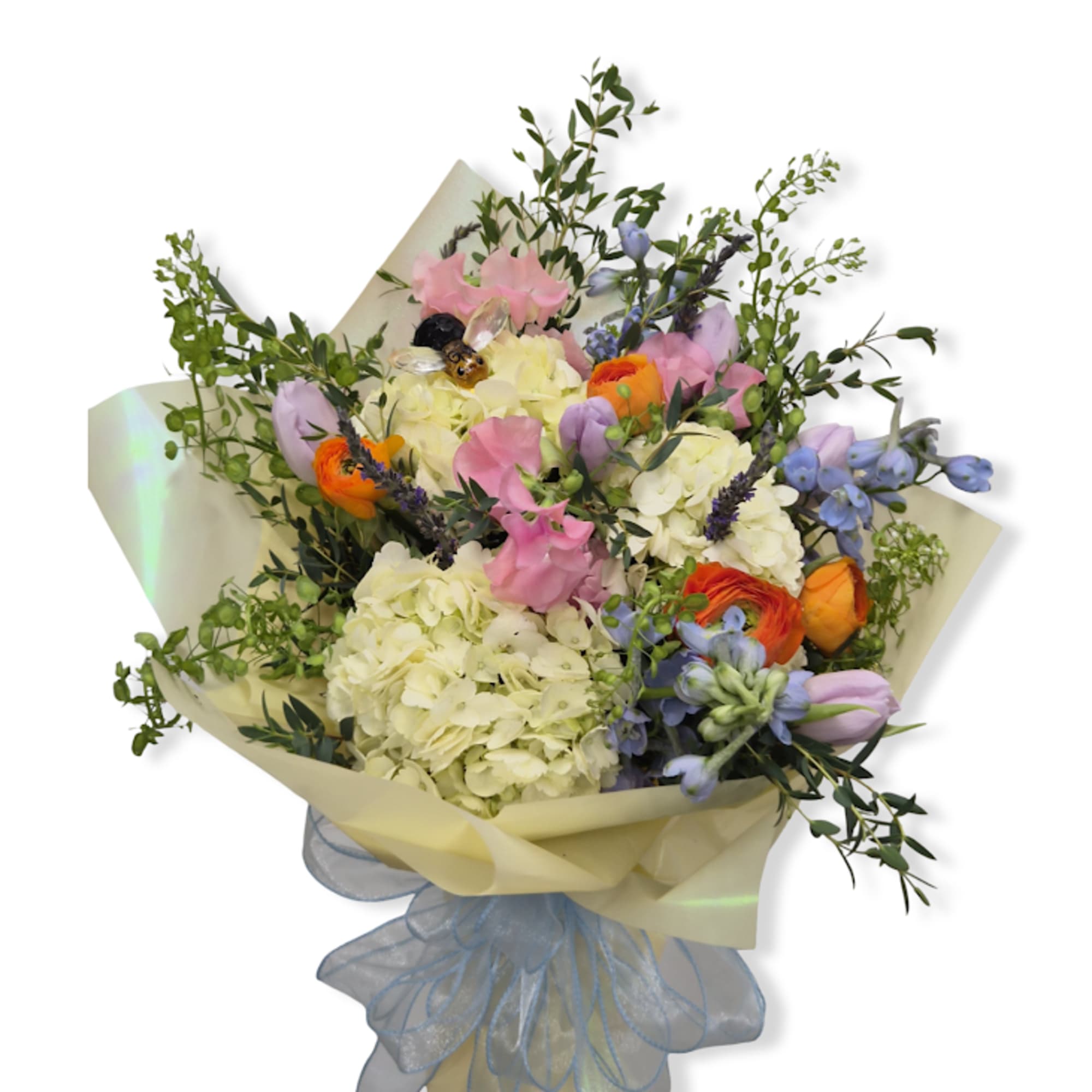 A vibrant and whimsical wrapped bouquet bursting with playful pops of color