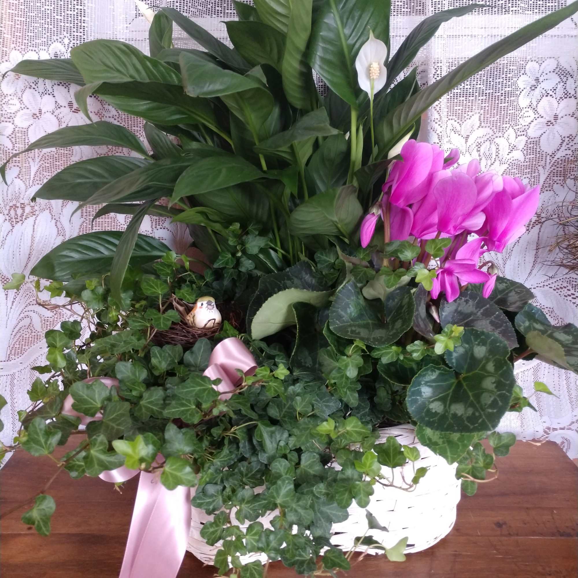 The best of both worlds, green and blooming plants in one basket.