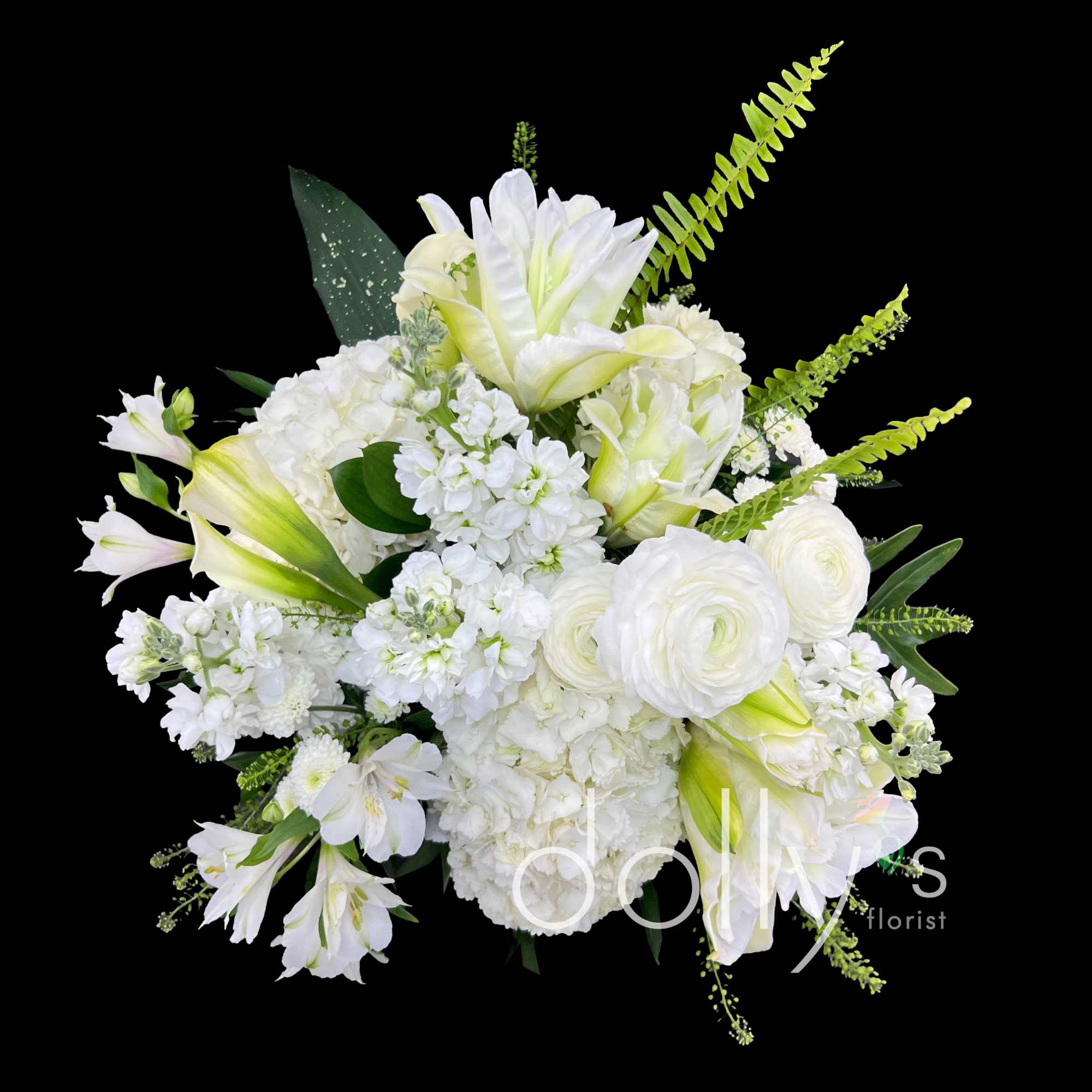 White floral bouquet with lilies and ranunculus on a black background