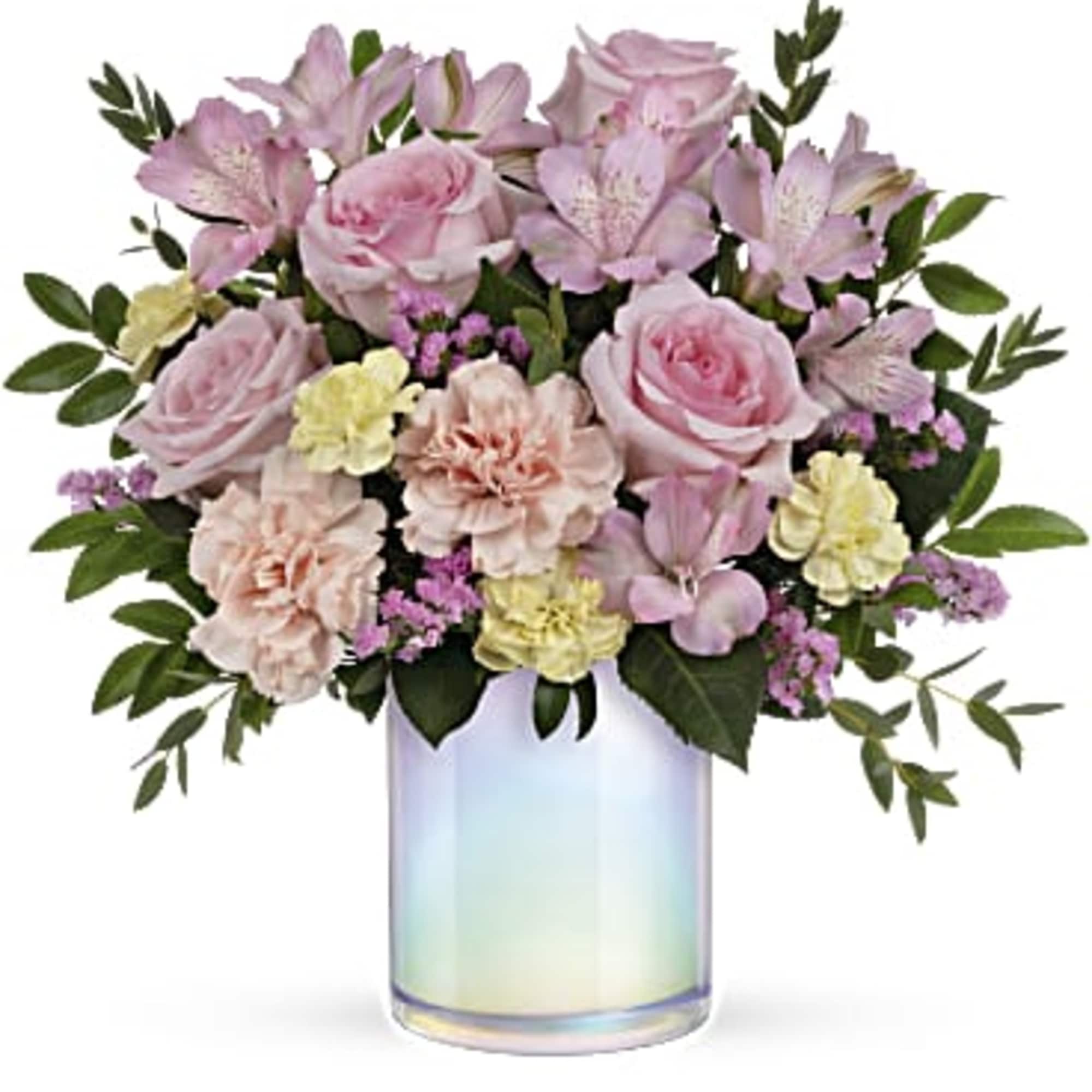 Blush roses, pink alstroemeria, pink carnations, miniature light yellow carnations and pink