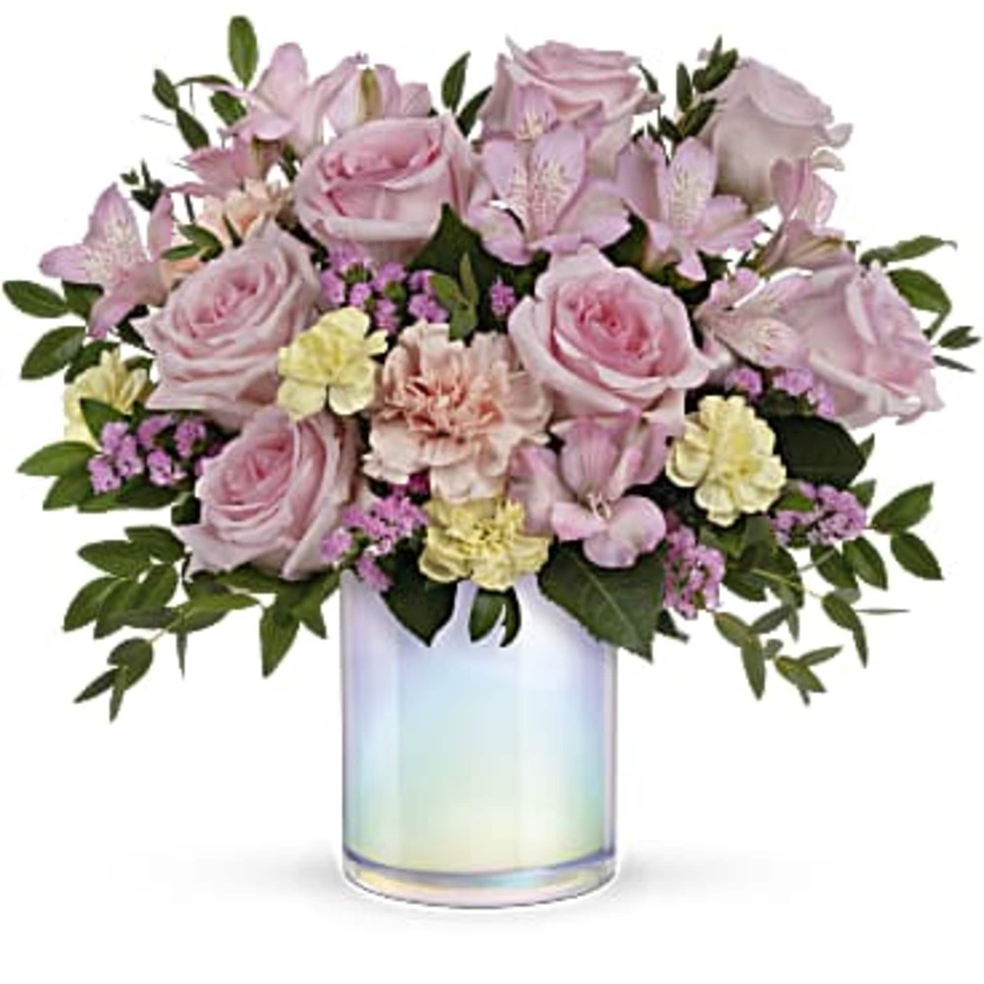 Blush roses, pink alstroemeria, pink carnations, miniature light yellow carnations and pink