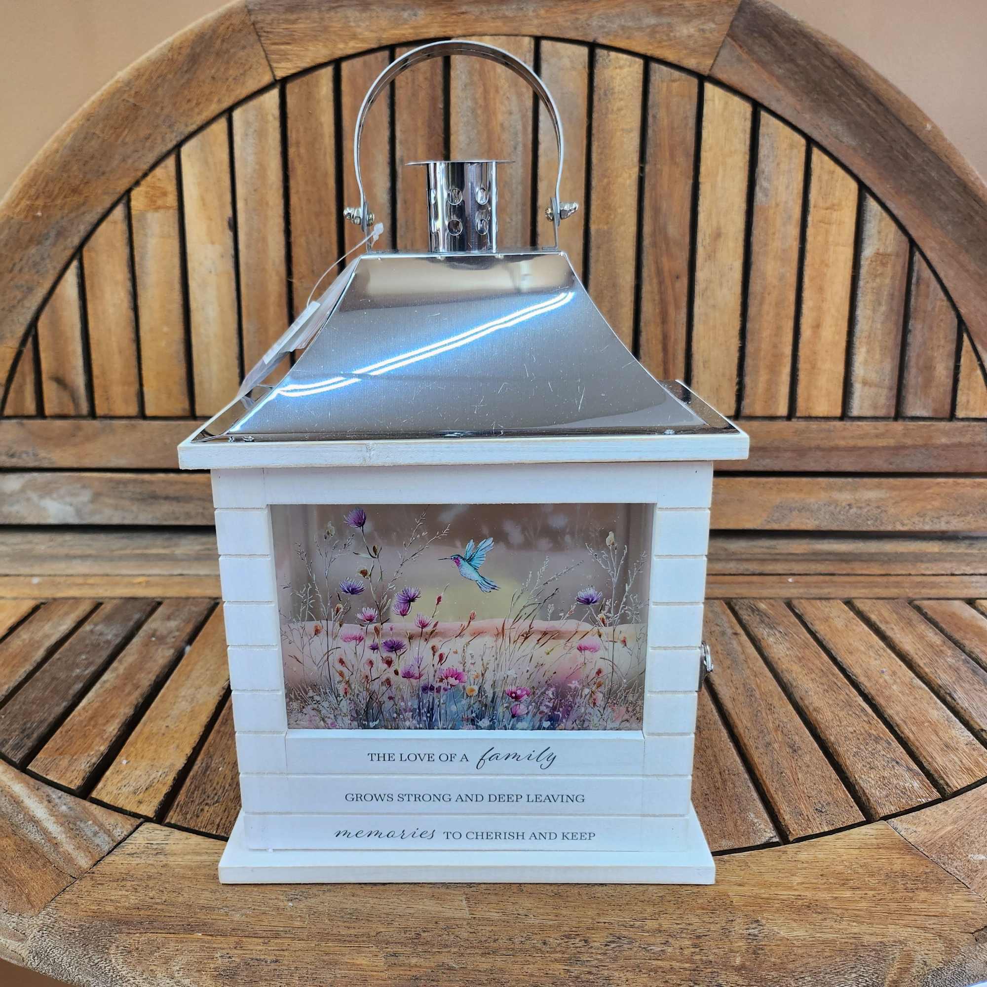 15" by 7" Lantern with flameless candle. Inscribed with The Love Of