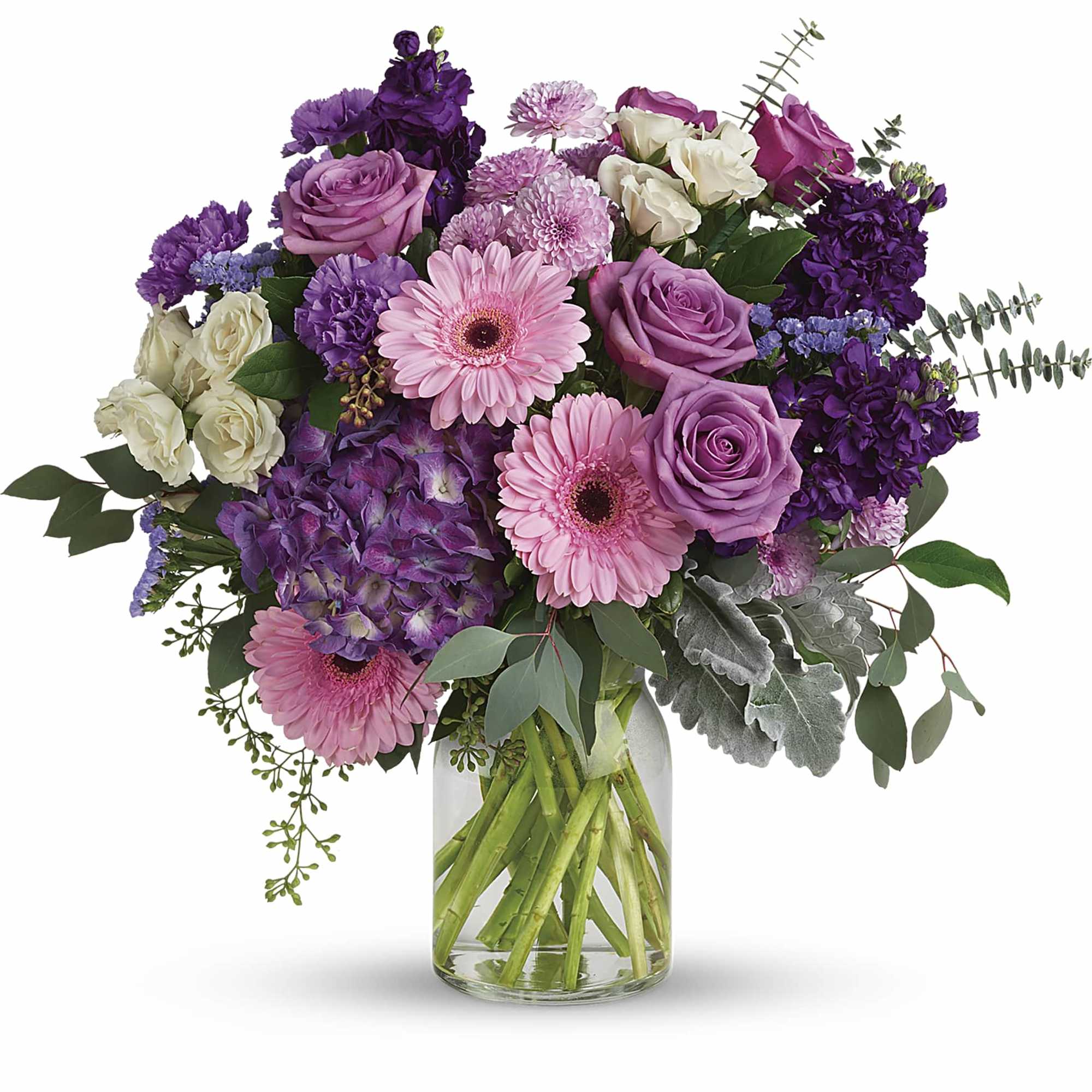 This harmonic mix of deep purple hydrangea with light lavender roses and