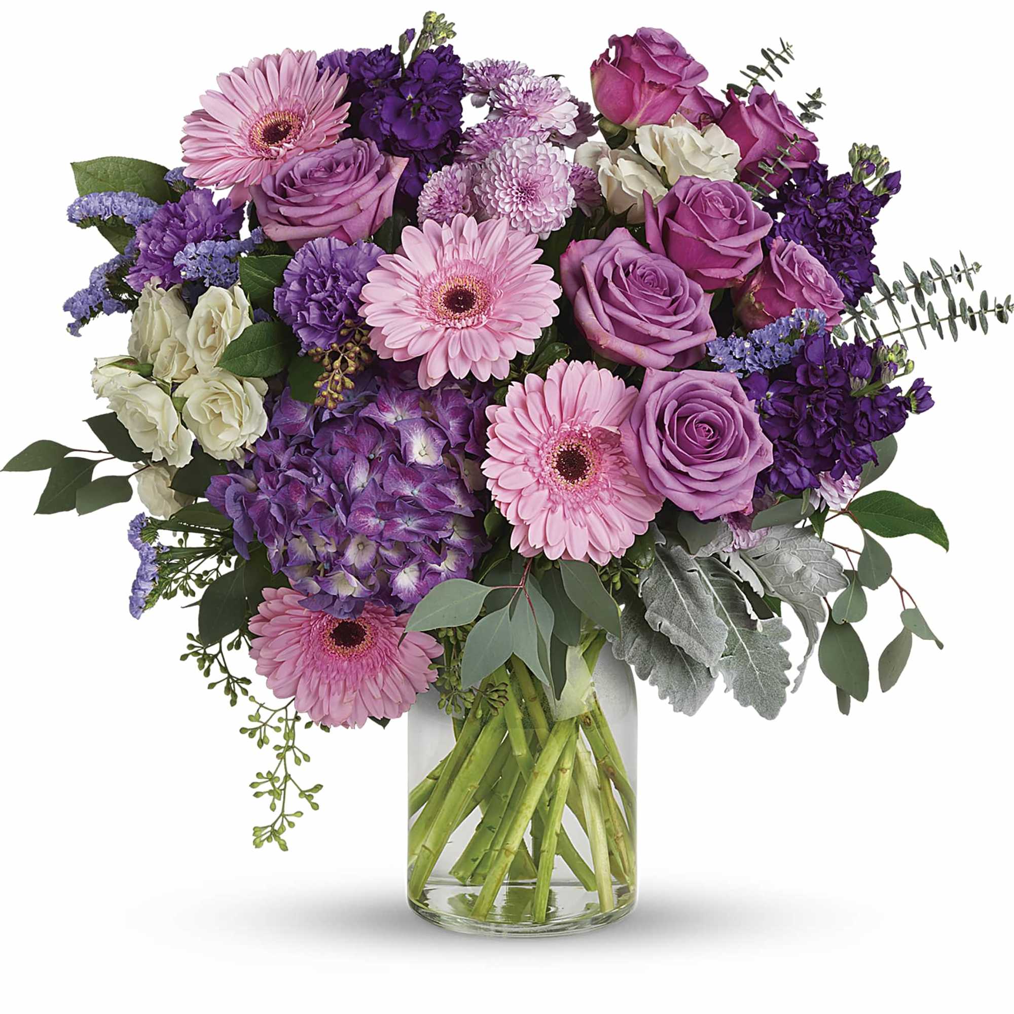This harmonic mix of deep purple hydrangea with light lavender roses and