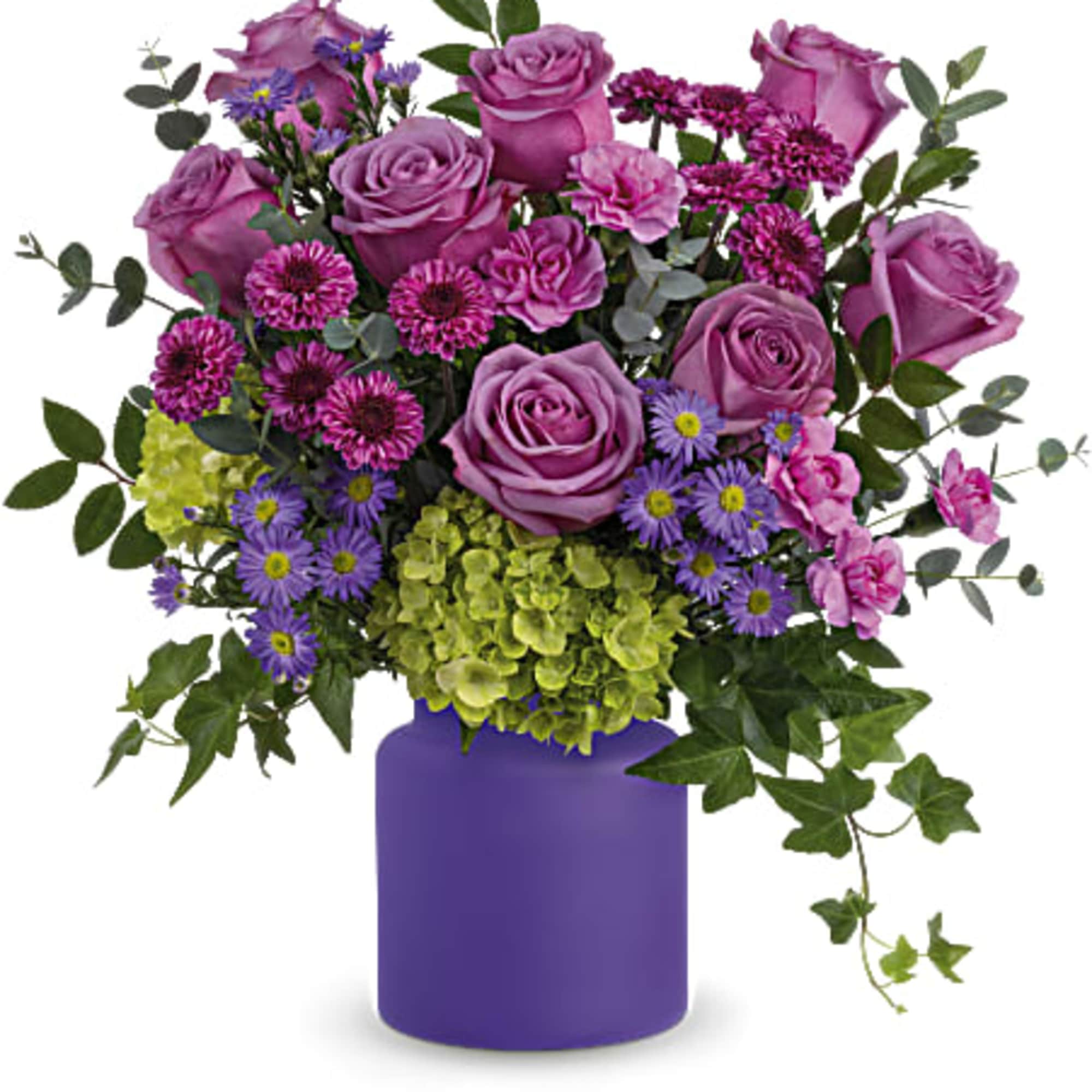 This awe-inspiring mix of roses, asters and hydrangea is sure to take