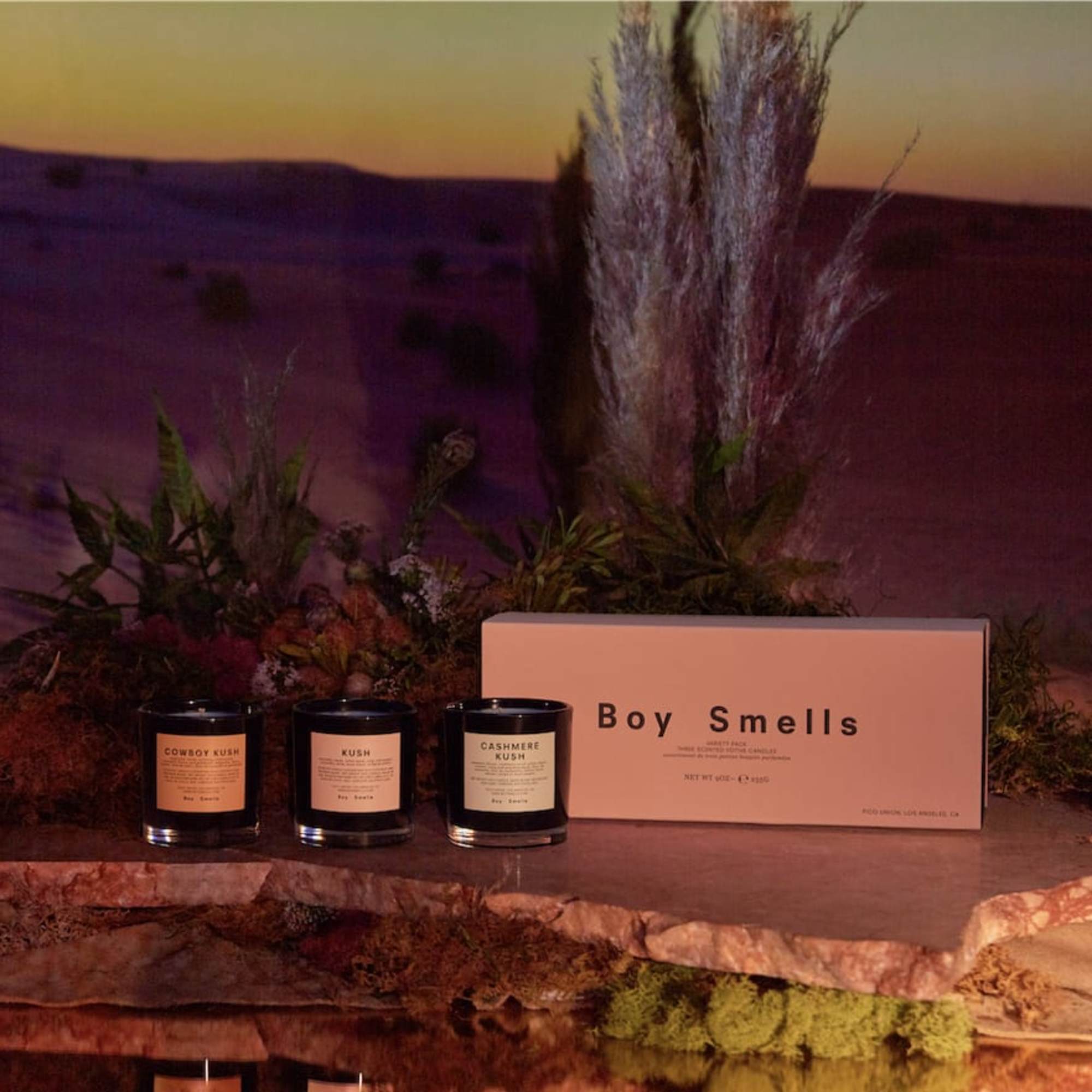 Three black candles and a pink Boy Smells box on a stone surface with plants and a sunset backdrop