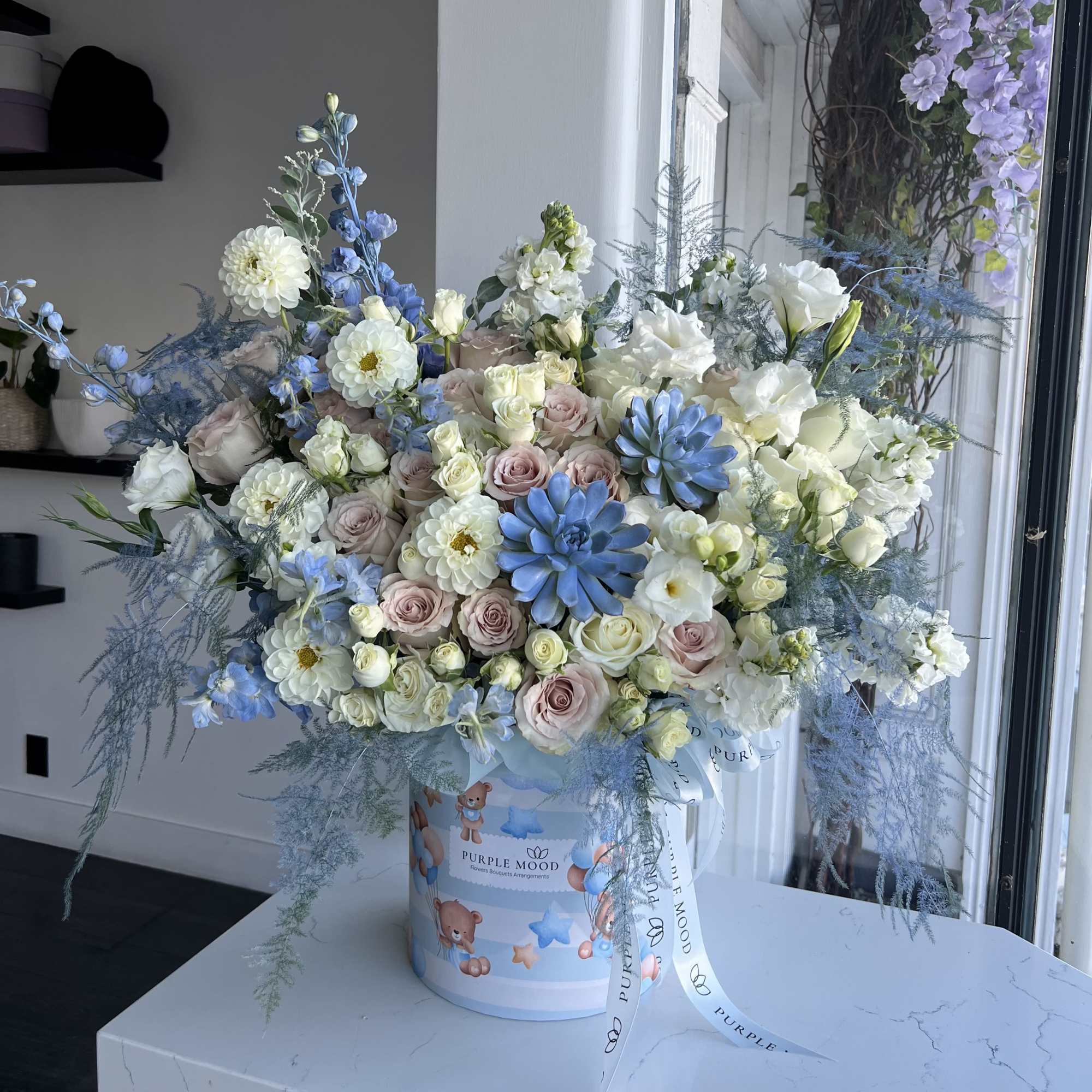 Deluxe size same as pictured.
Container size D8.25&rsquo;x H9.5&prime;. Front side arrangement with