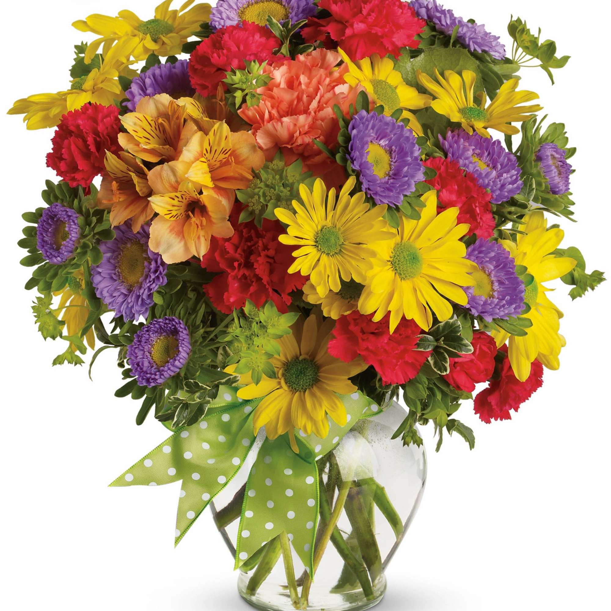 A summery mix of yellow daisy chrysanthemums, purple asters and red and