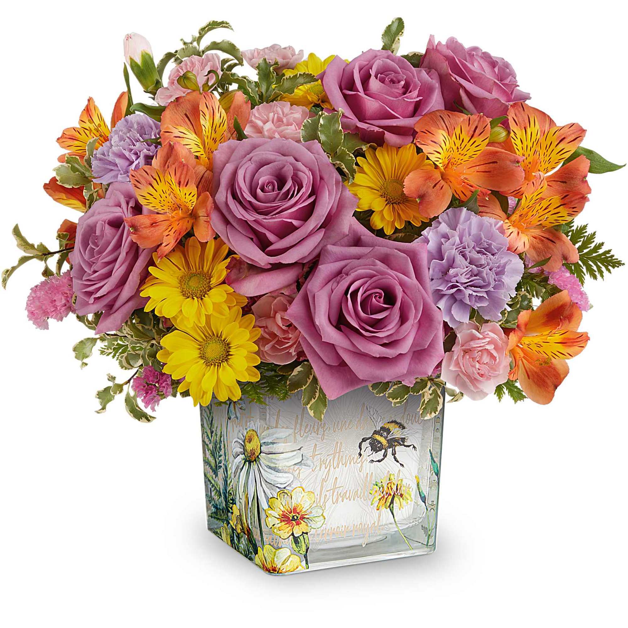 Like a bee dancing through a hidden garden, this enchanting bouquet of