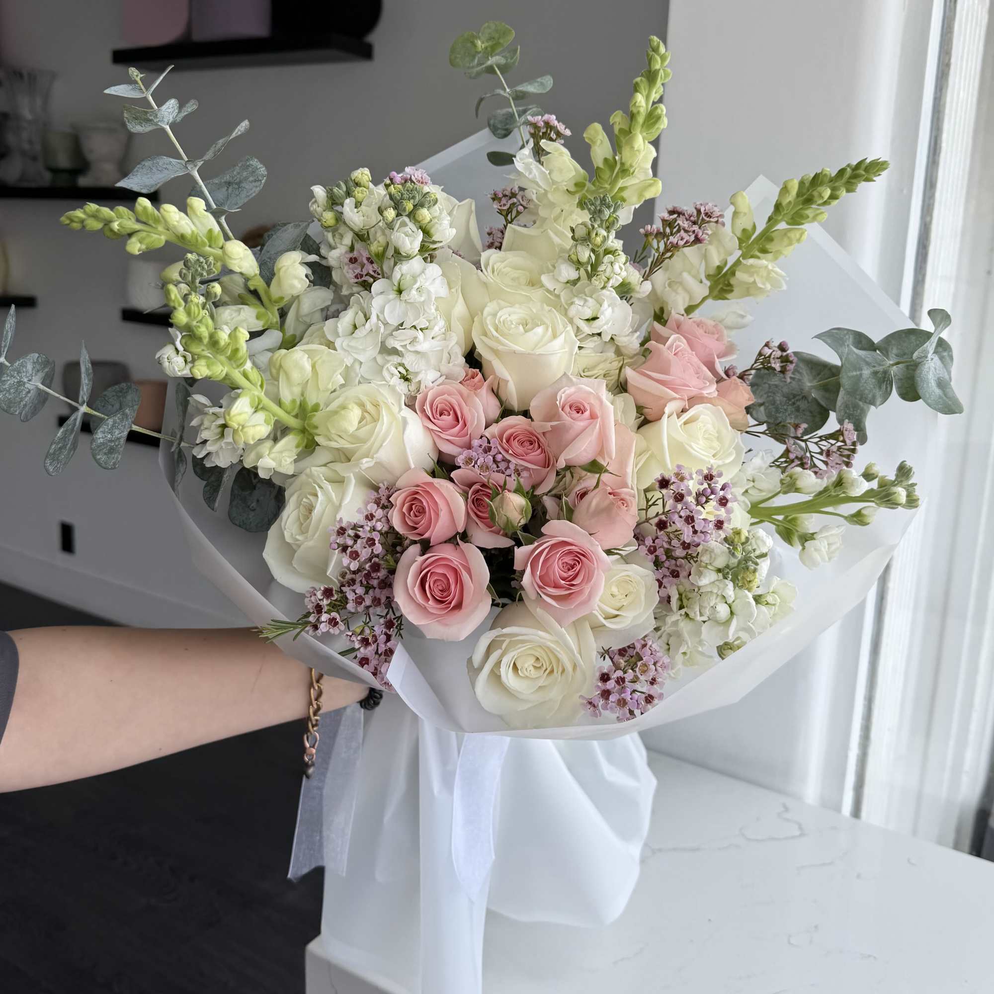 Bouquet with pink roses, hydrangeas. Soft, romantic, and timeless &mdash; our Blush