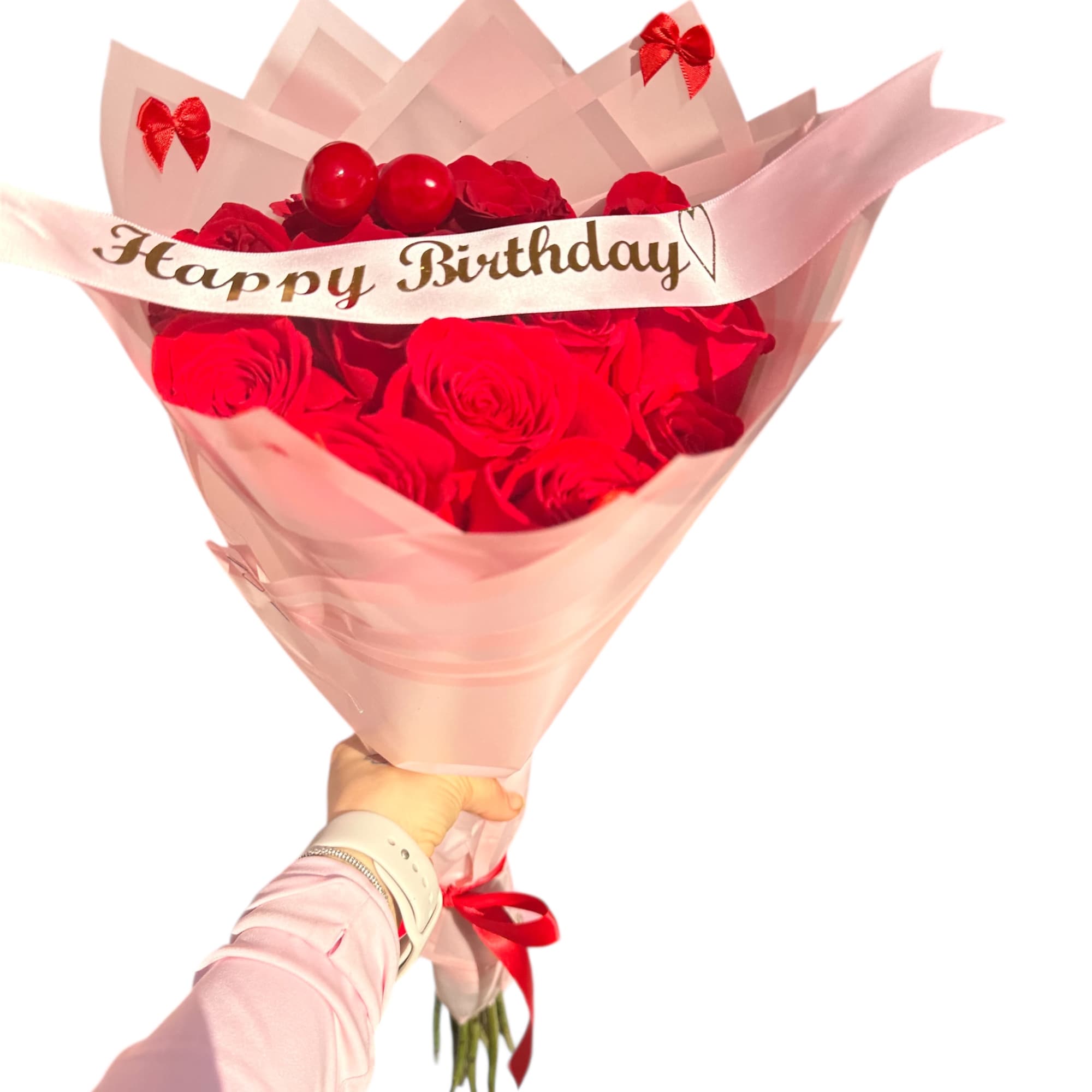 Red roses with cherries decorations and bows around . Standard 12 roses
Deluxe