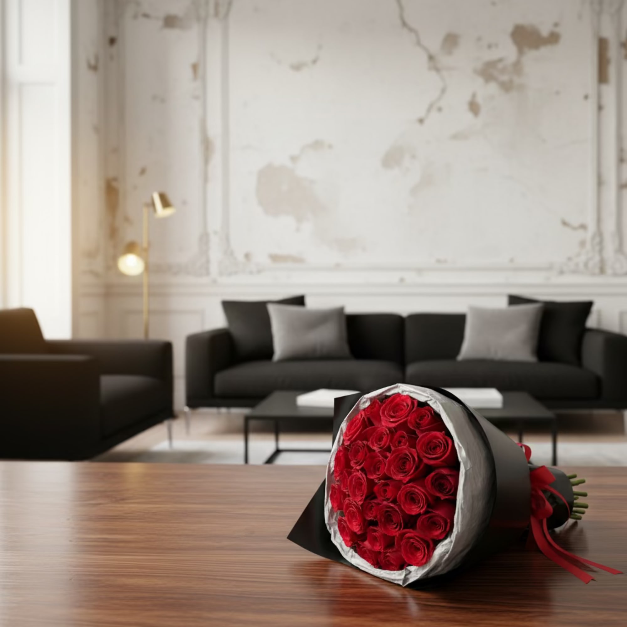 A striking hand-wrapped bouquet of premium red rose stems, finished in sleek