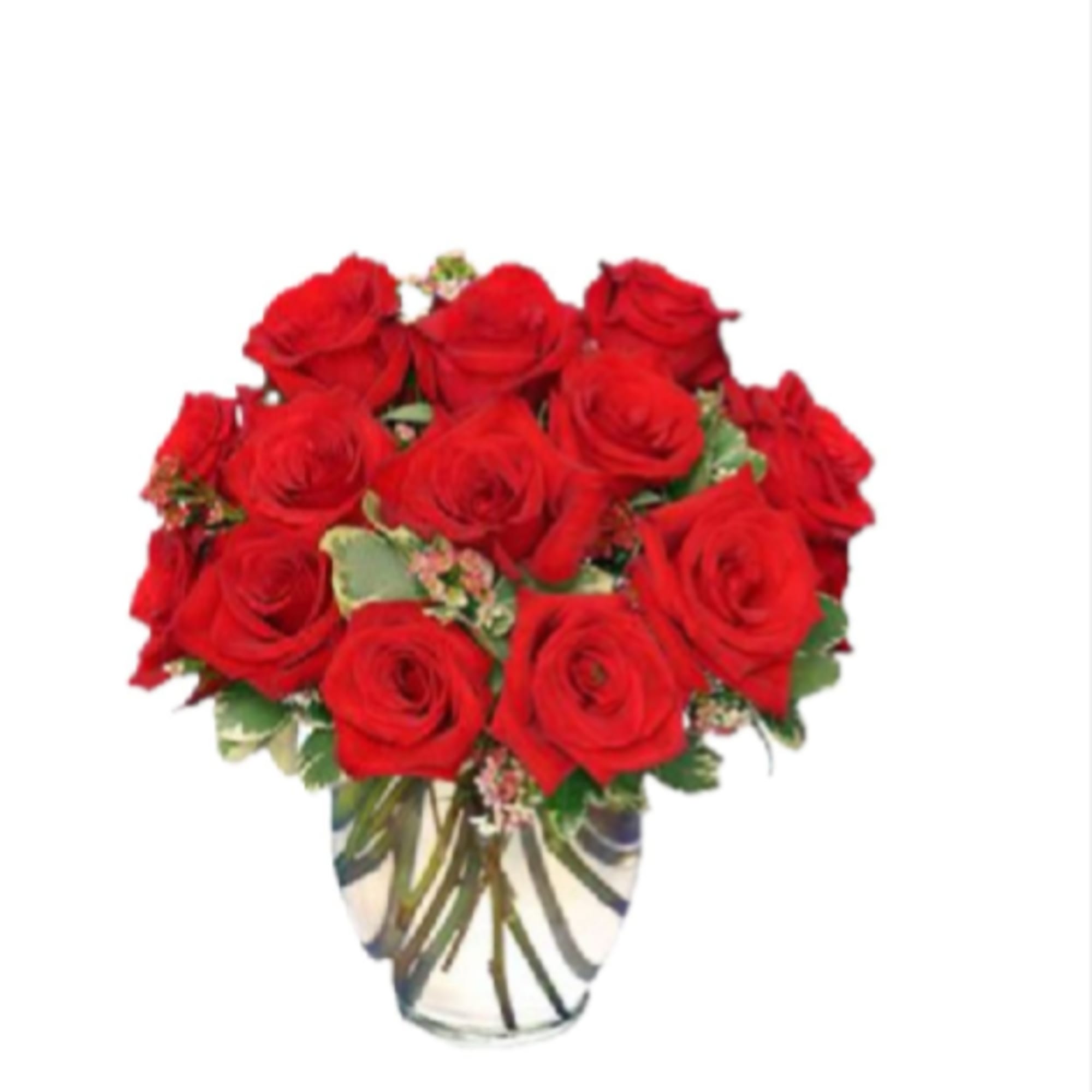 A lush dome of vivid red roses takes center stage in this