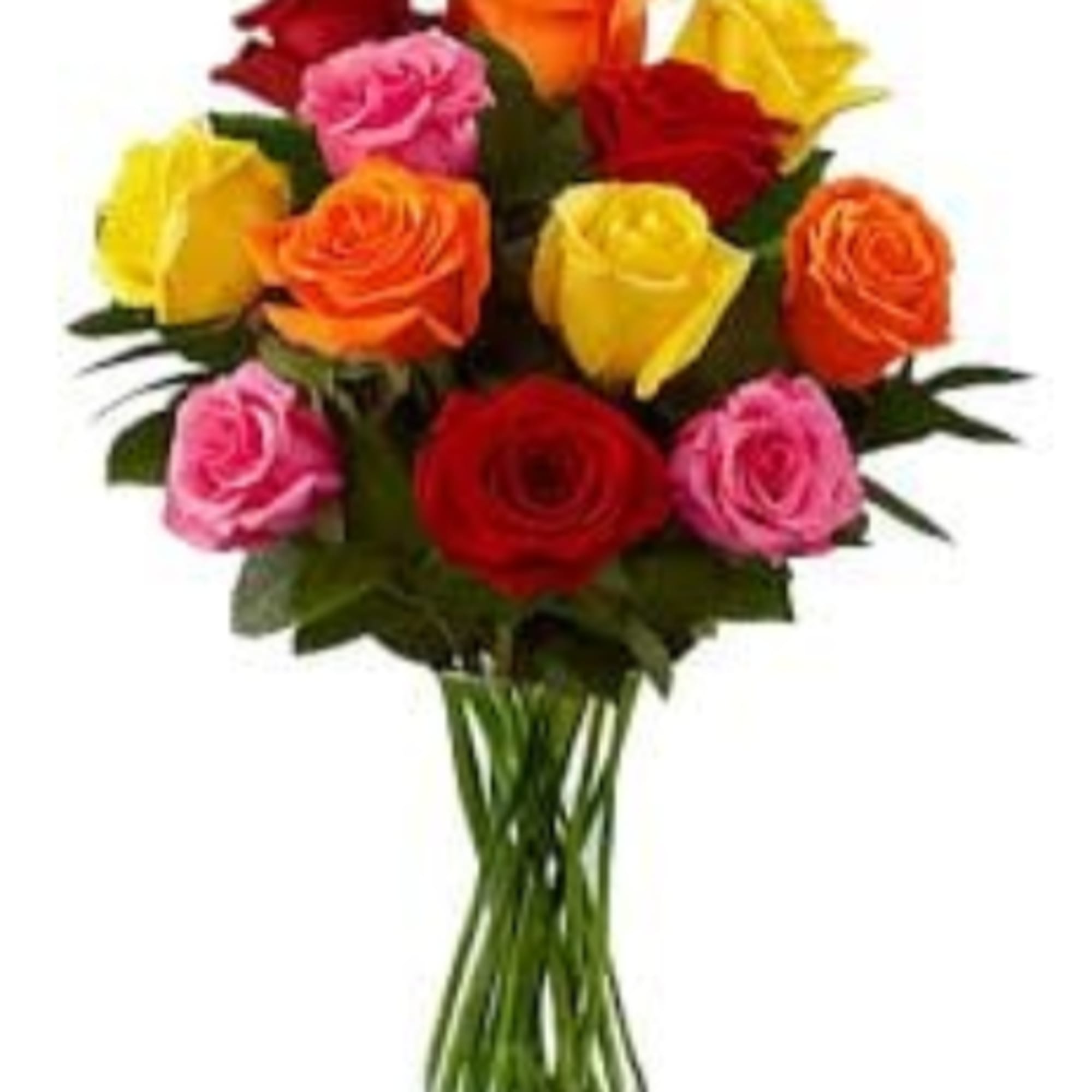 A dozen or so mixed-color roses arranged in bold red, yellow, orange