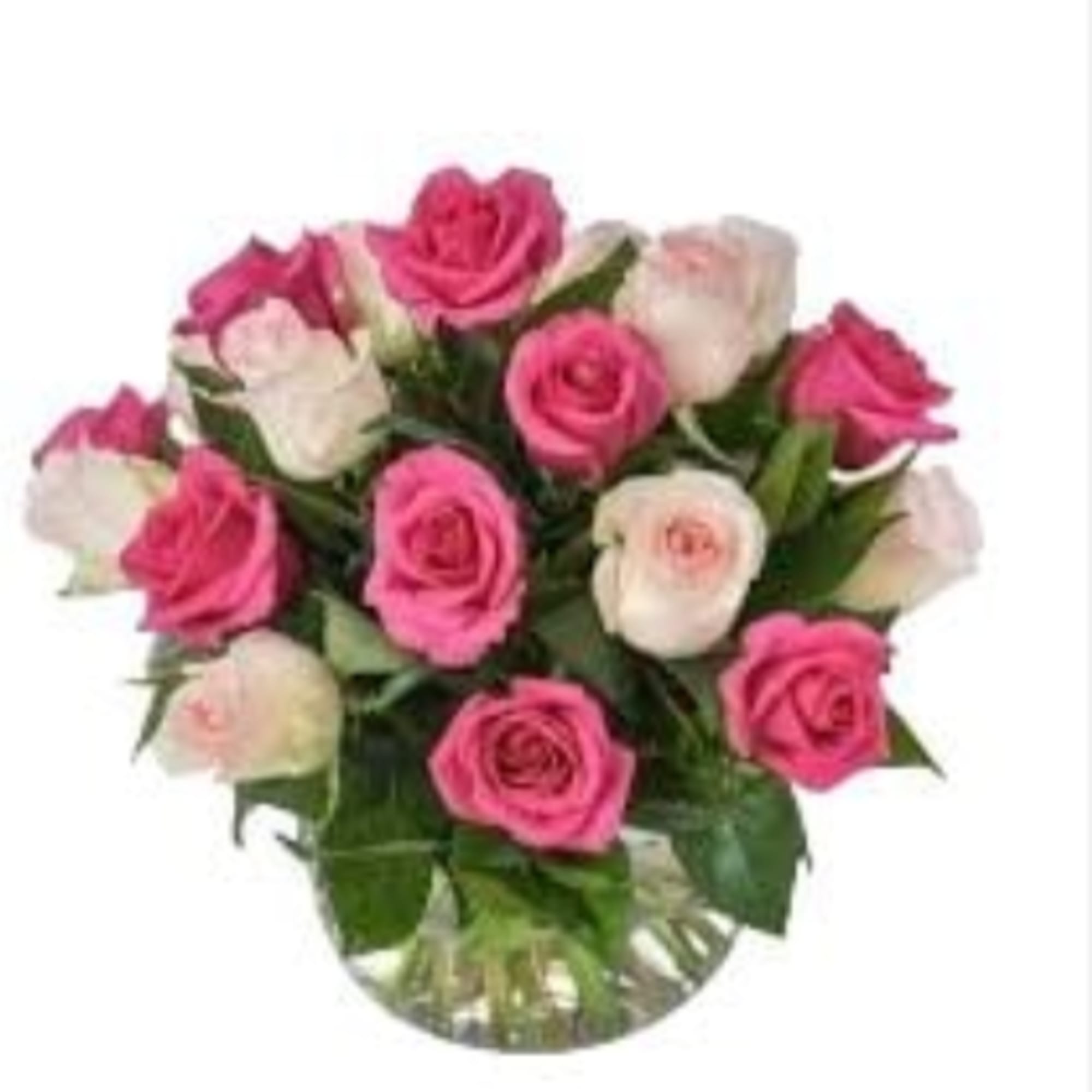 A compact dome of pink and white roses greets the eye-perfect as