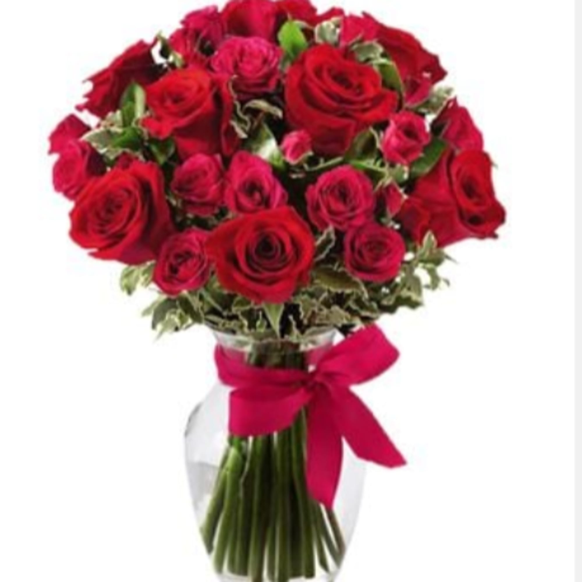 A lush, domed cluster of rich red roses and delicate spray roses