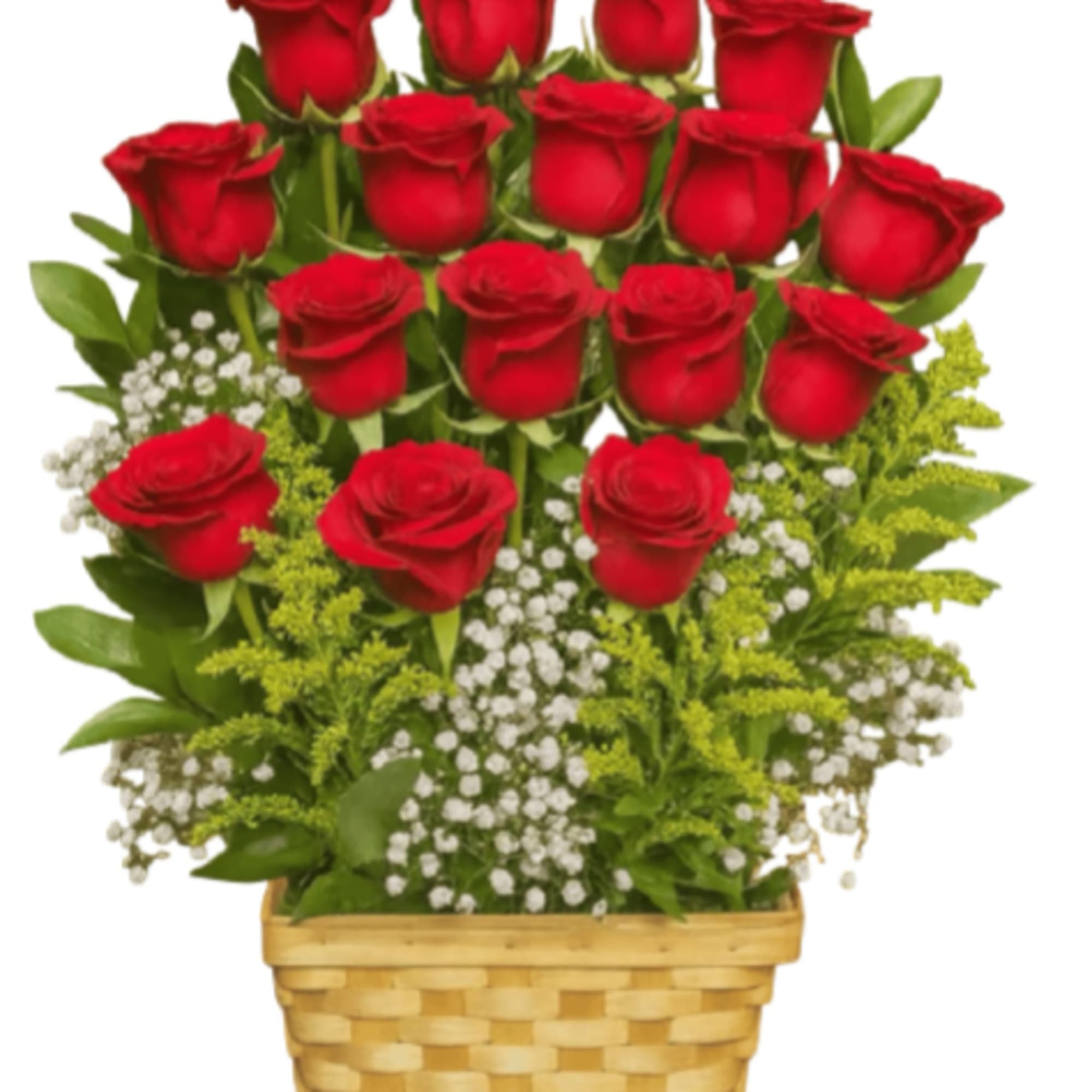 A fan-shaped cluster of vivid red roses rises from a light woven