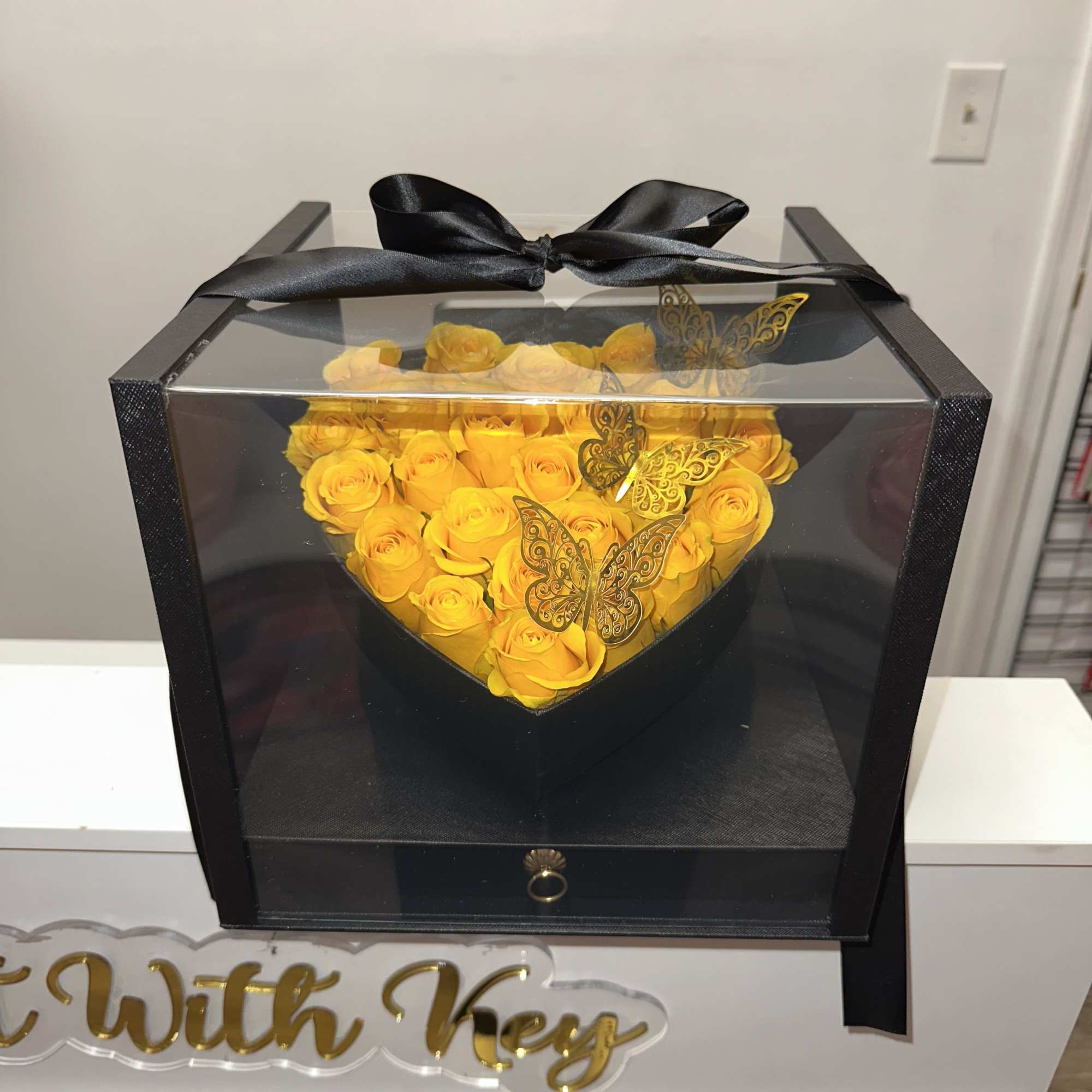 Beautiful yellow roses in an elegant acrylic box, 49 Ferrero Rocher chocolates
