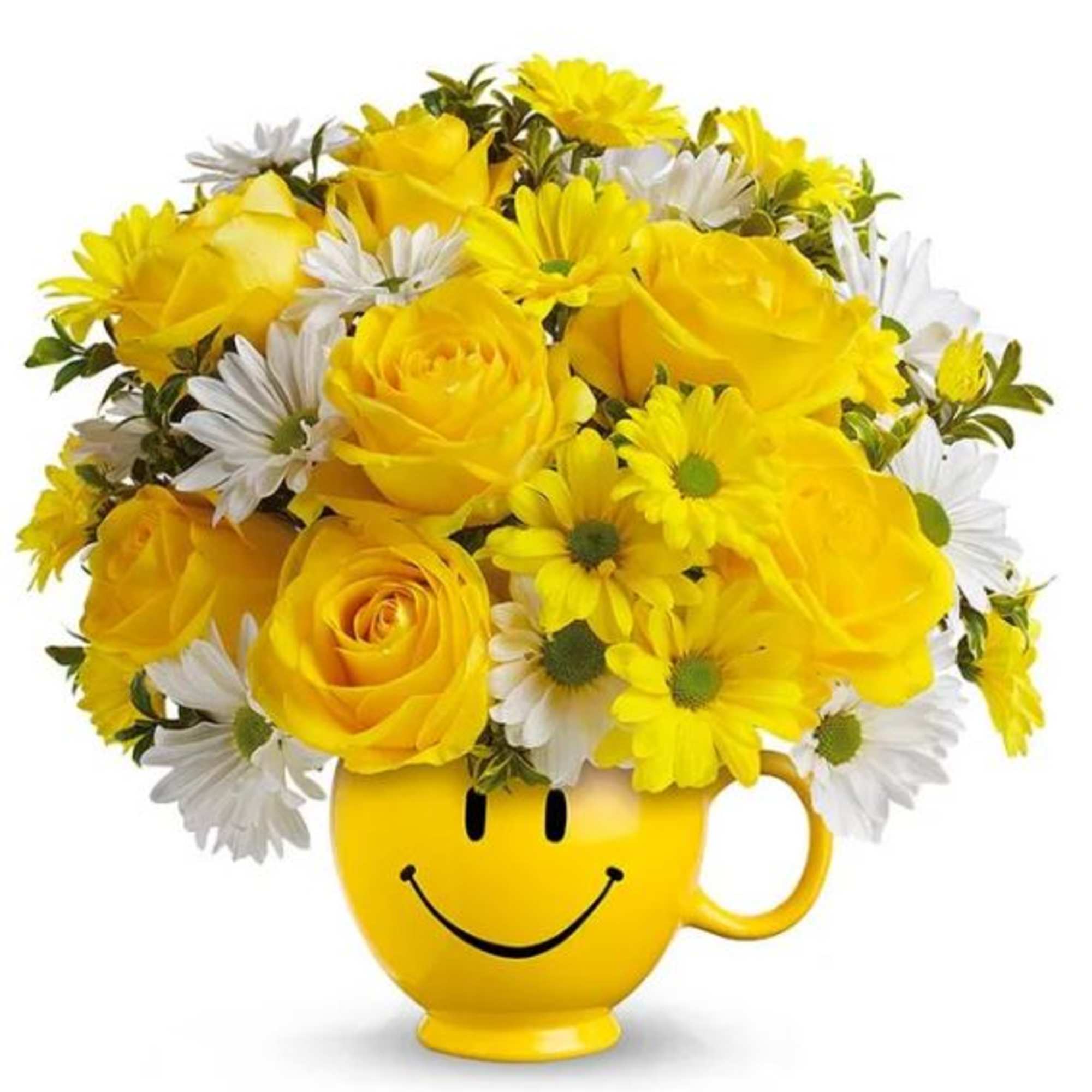 A ceramic mug happy face mug filled with bright yellow roses, white