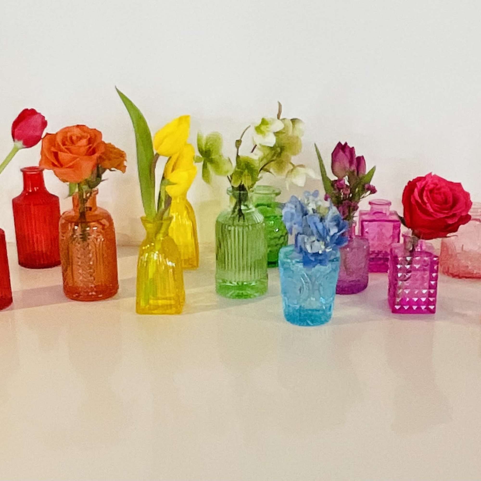 A playful rainbow of petite bud vases brings instant cheer - perfect