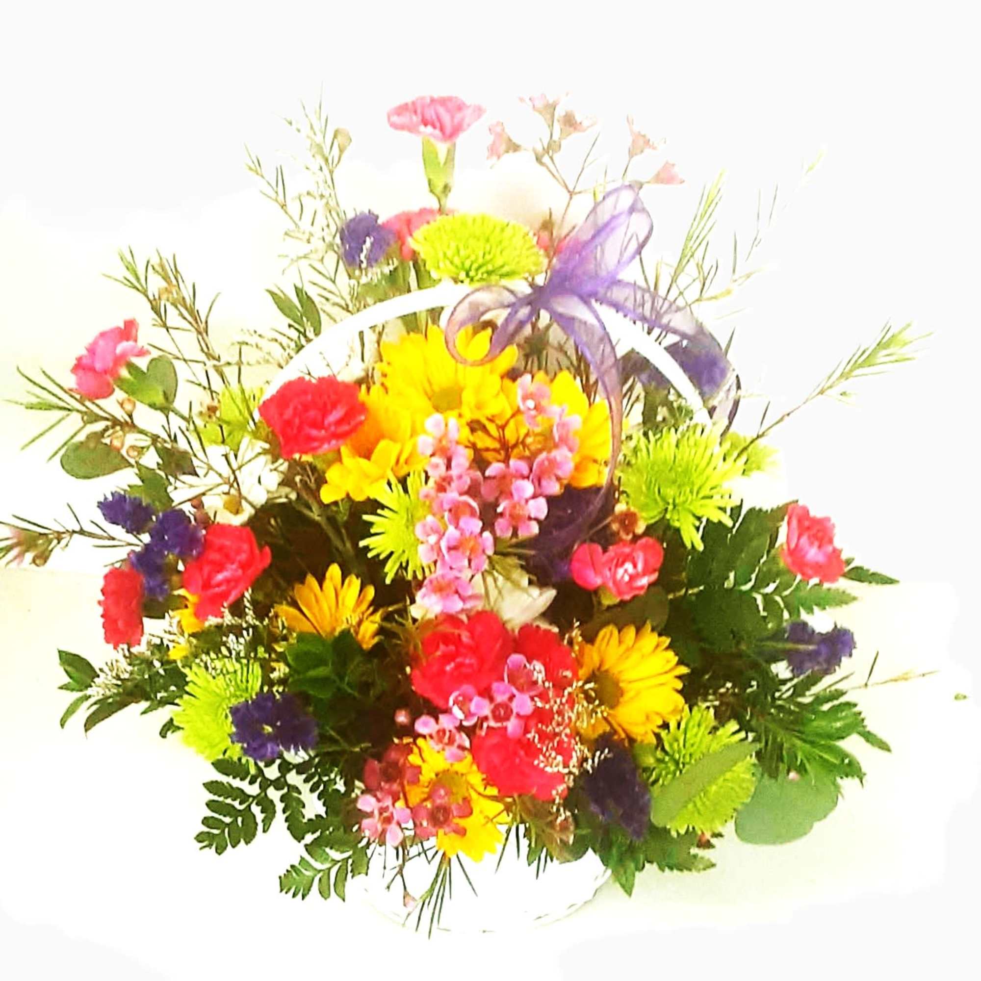 Colorful mixed bouquet with a purple ribbon bow