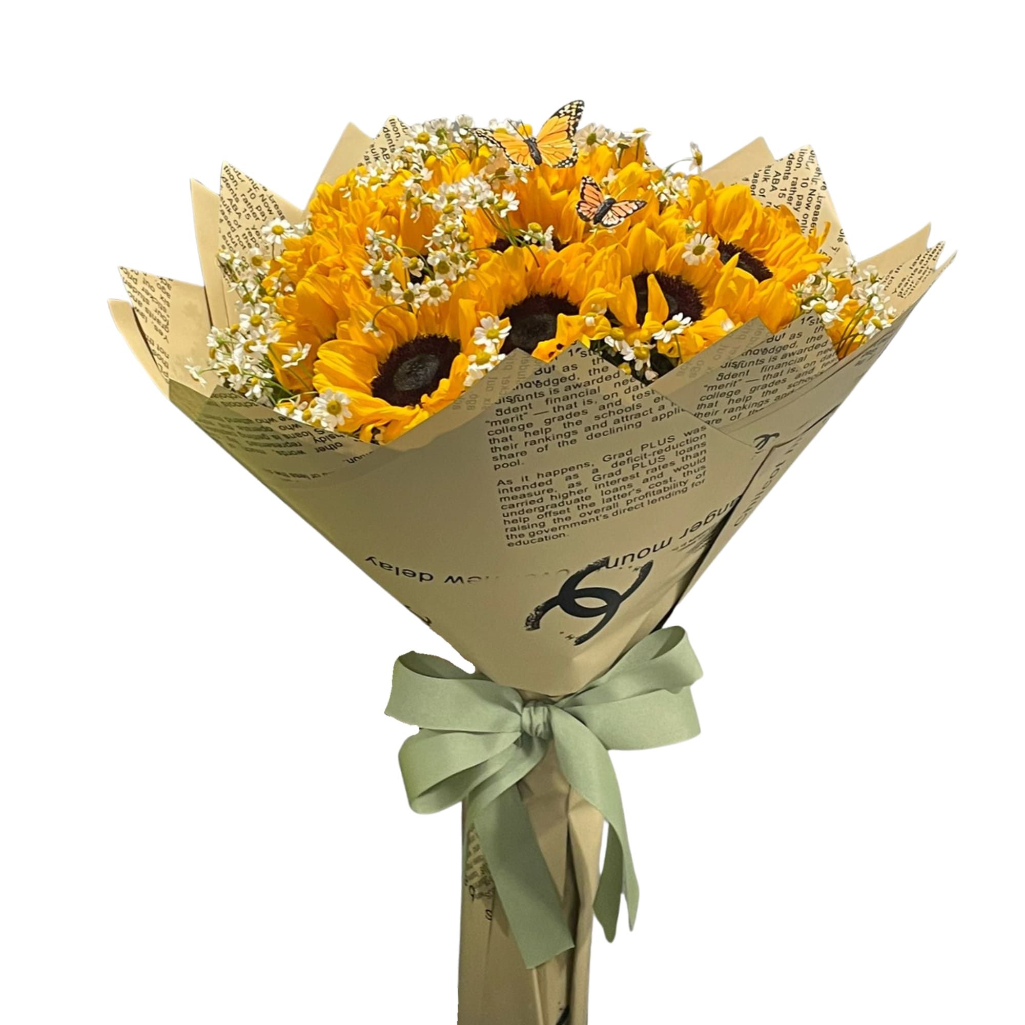 This marvelous bouquet made up of sunflowers with chamomile flowers wrapped with
