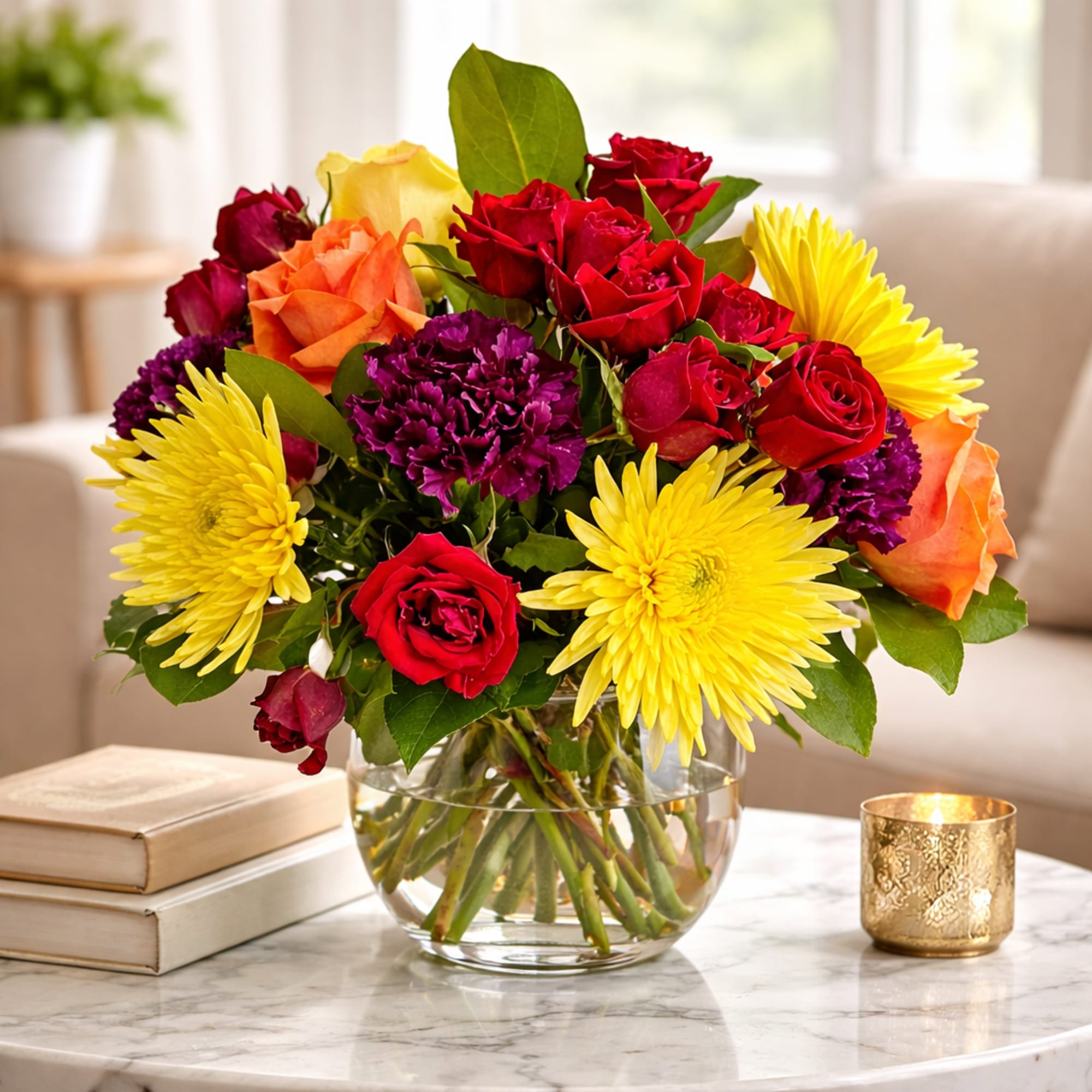 Mixed bouquet of red roses, purple carnations, and yellow mums in a round glass vase on a table