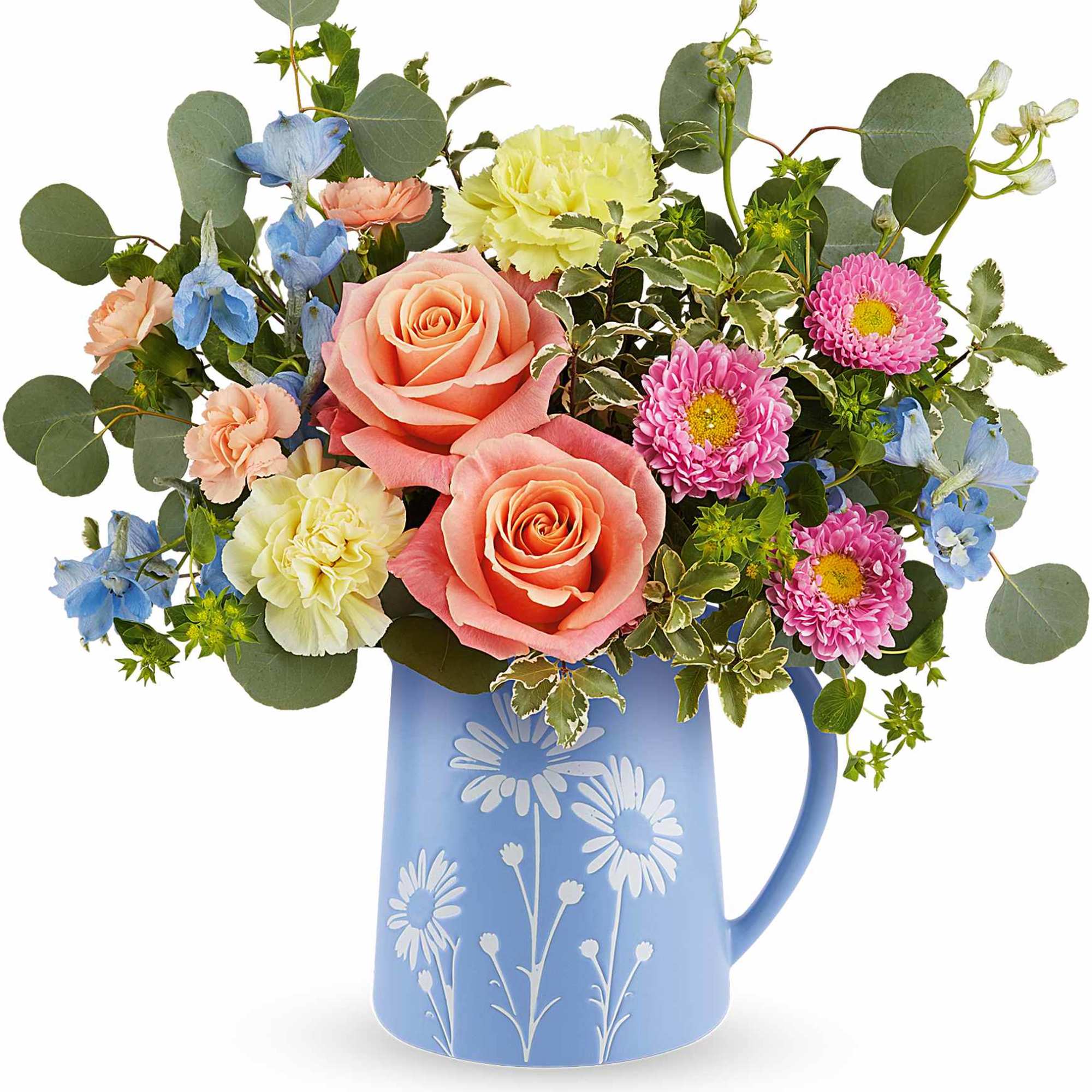 Brimming with fresh-picked charm, Our Daisy Dreams Bouquet delights with peach roses