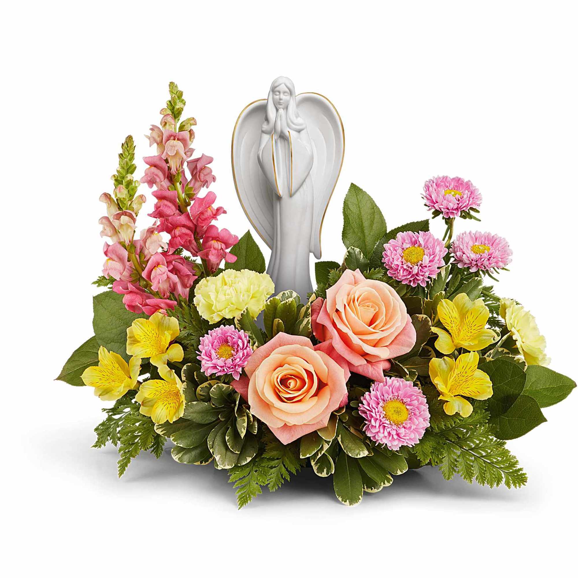 Radiating grace and serenity, our Angelic Bloom Bouquet surrounds a keepsake porcelain