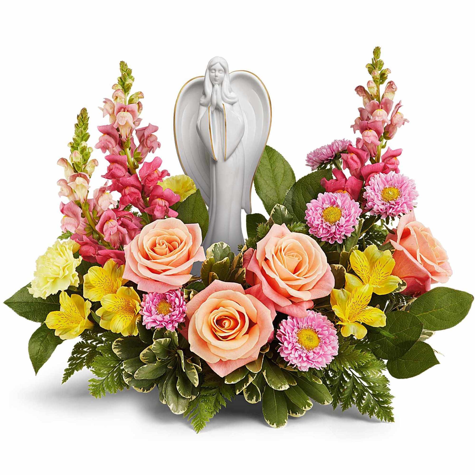 Radiating grace and serenity, our Angelic Bloom Bouquet surrounds a keepsake porcelain