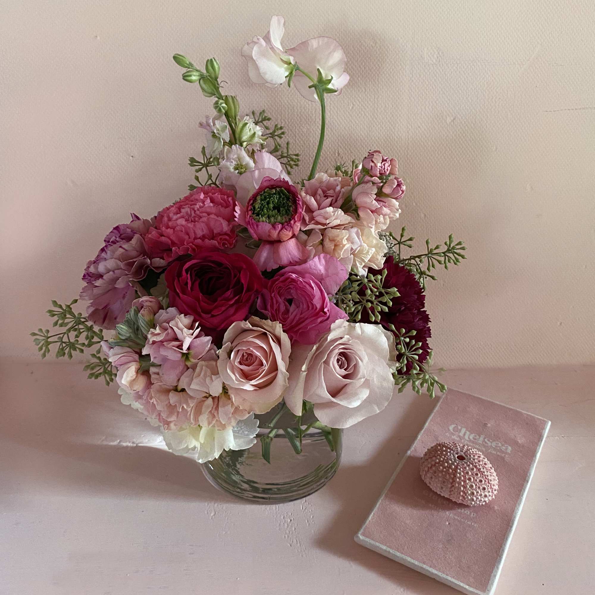 Adorable arrangement of all the Valentines love colors and flowers. Sweetpeas, roses