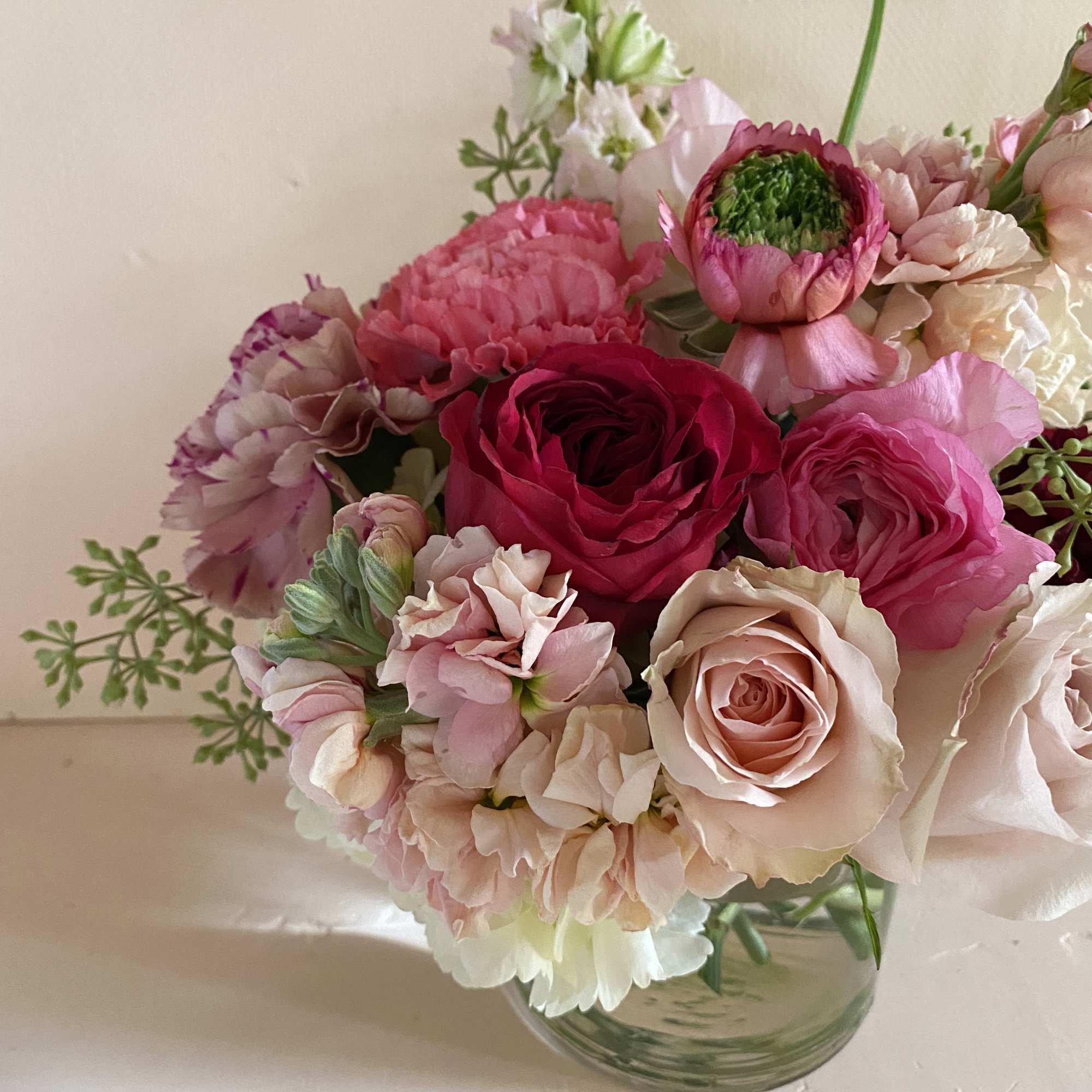 Adorable arrangement of all the Valentines love colors and flowers. Sweetpeas, roses