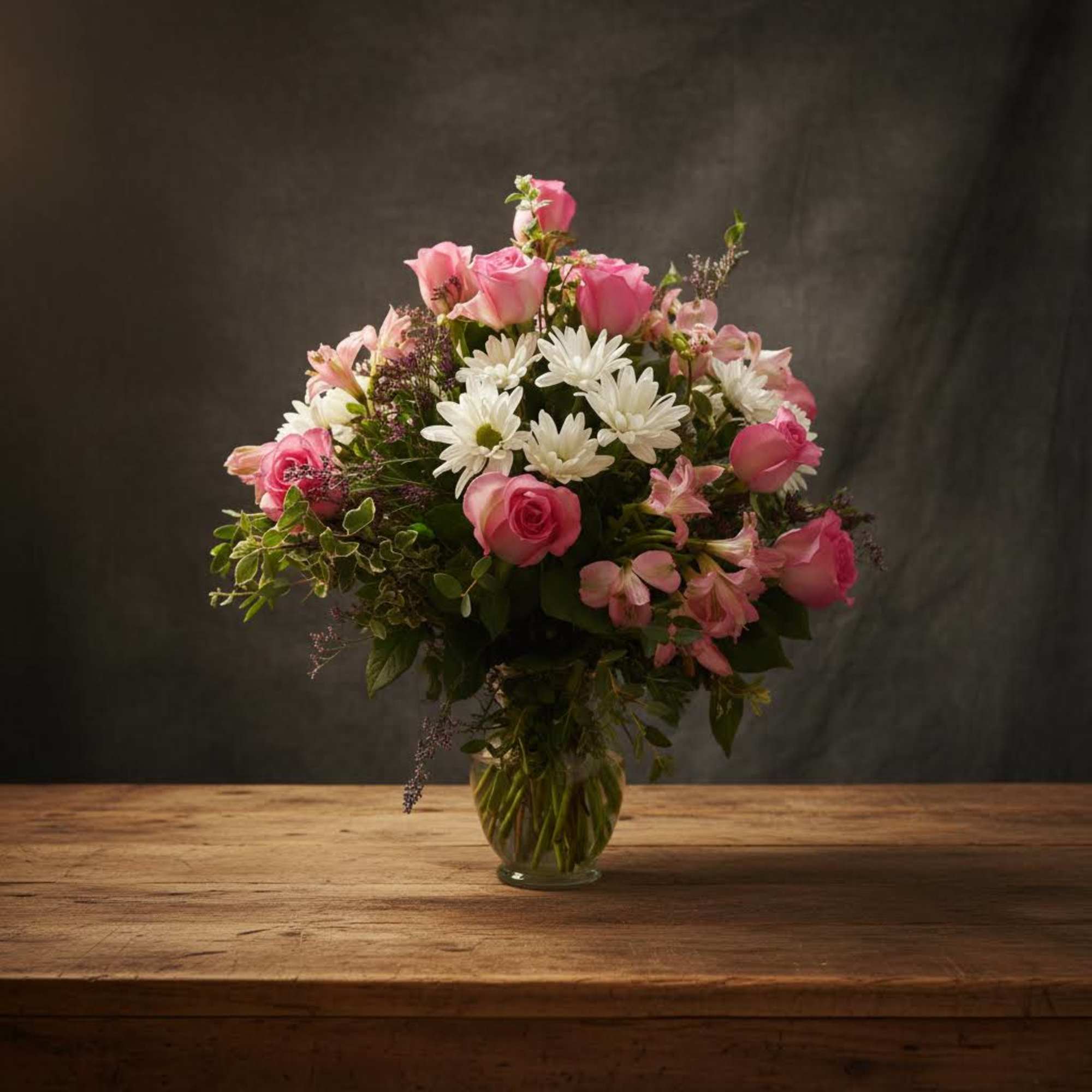 Vase of Pink Roses, Pink Alstros, White Dasies &amp; Mixed Greens &amp;
