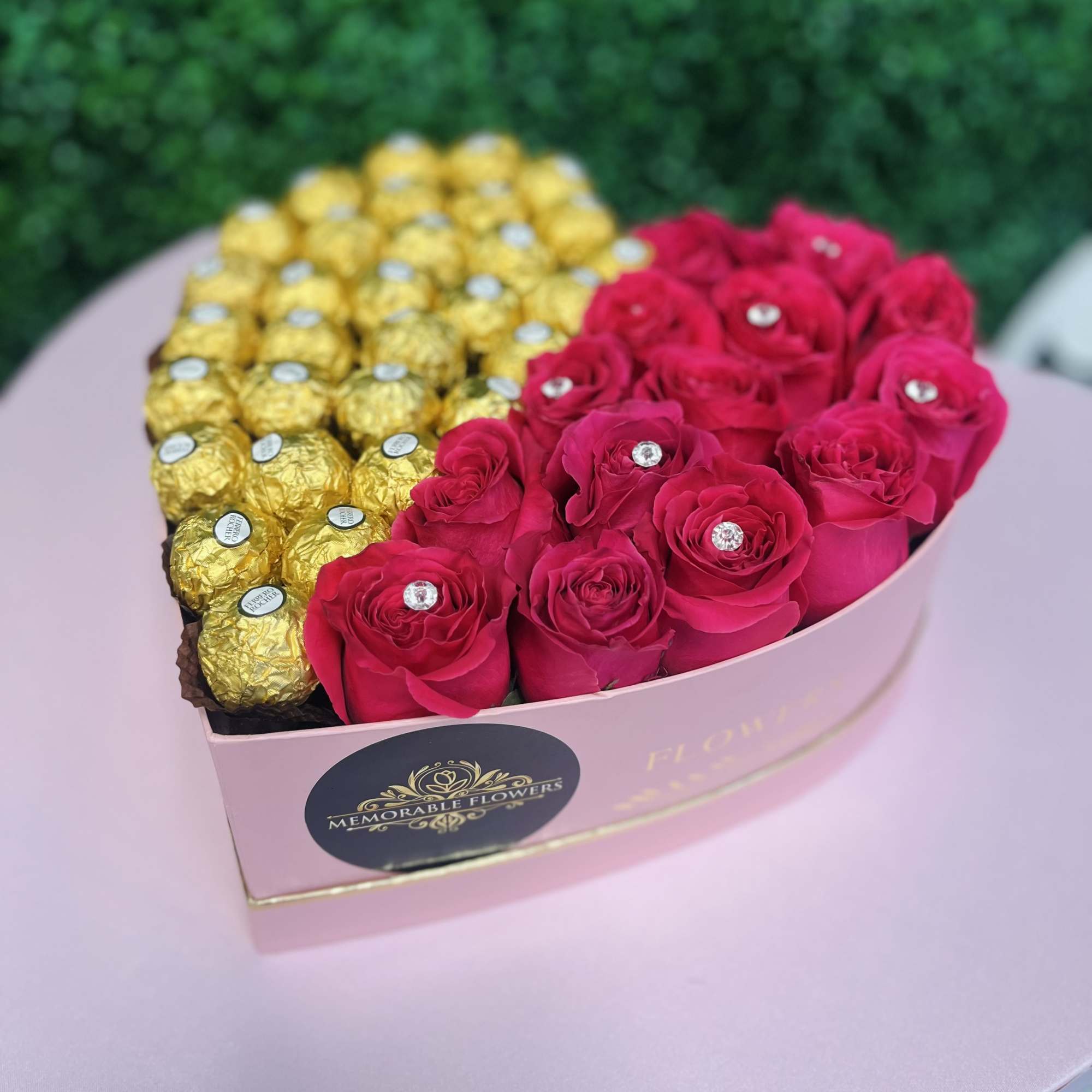 Medium size heart. 
Half chocolate and Half Roses. Carries approximately one DZ