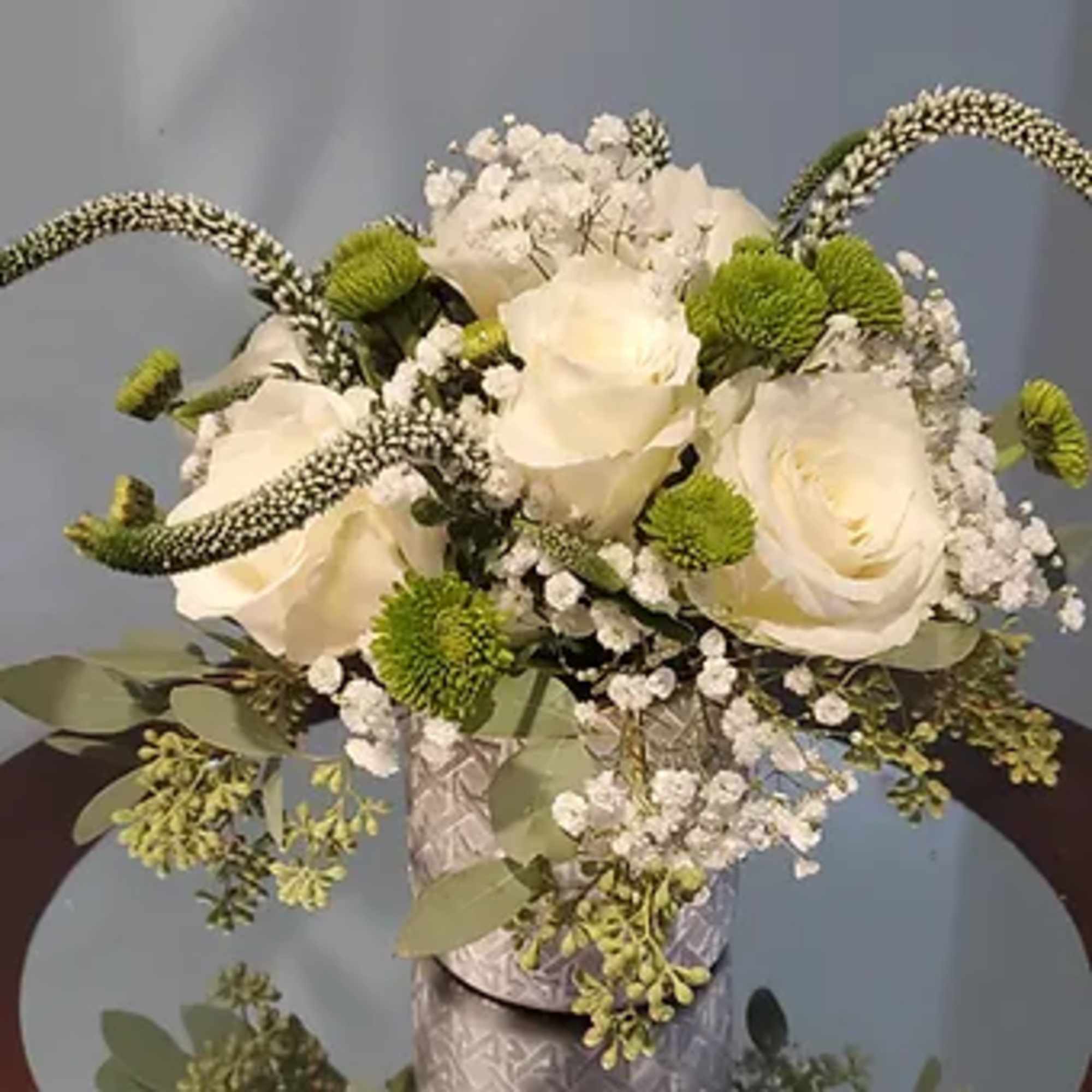 Petit designer arrangement, &nbsp;premium white rose, silver dollar euc, veronica, astrantia and