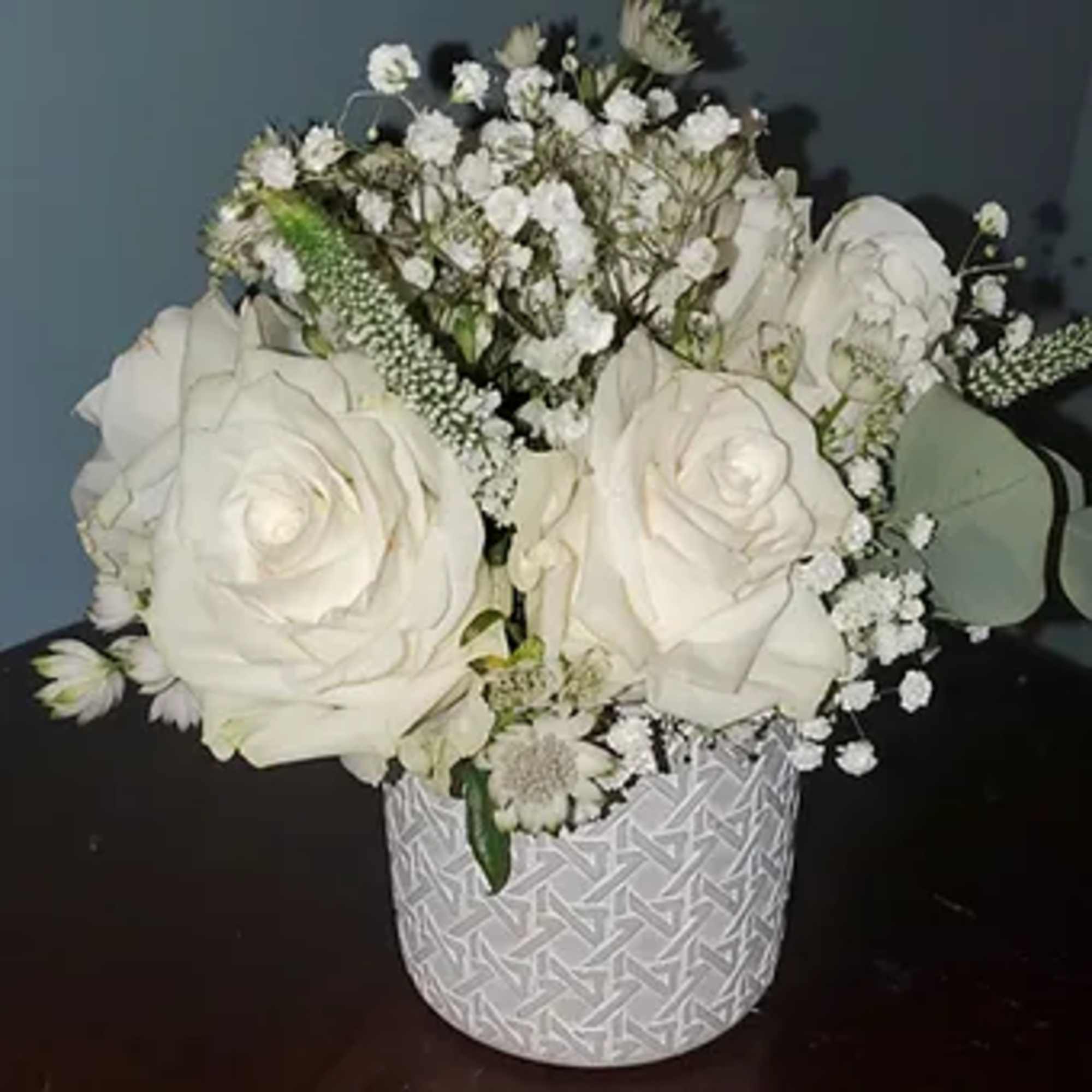 Petit designer arrangement, &nbsp;premium white rose, silver dollar euc, veronica, astrantia and