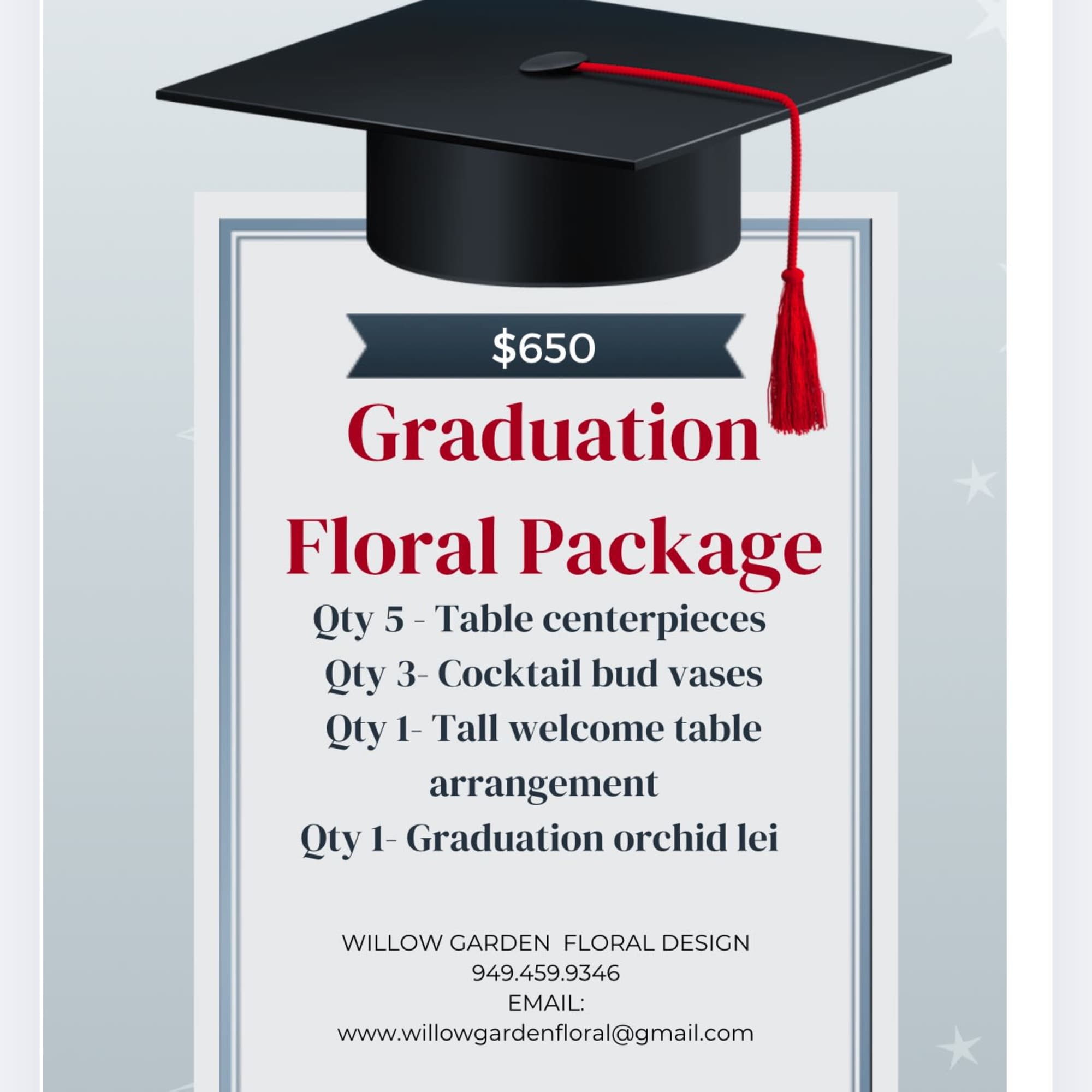 Graduation Floral Package

Qty 5 &ndash; Table Centerpieces
Qty 3 &ndash; Cocktail Bud Vases
Qty