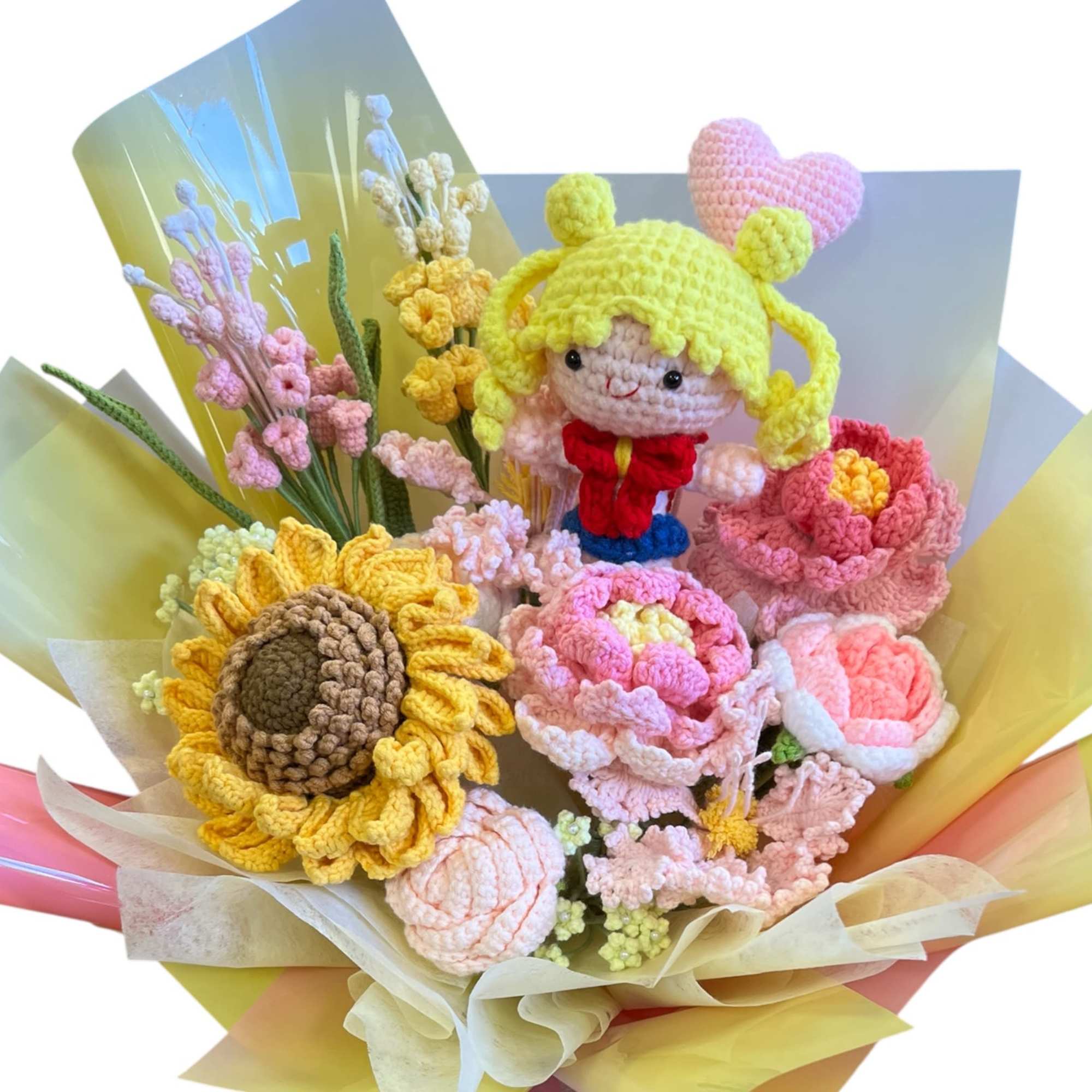 Features a charming assortment of hand-knitted flowers, including sunflowers, roses, and more