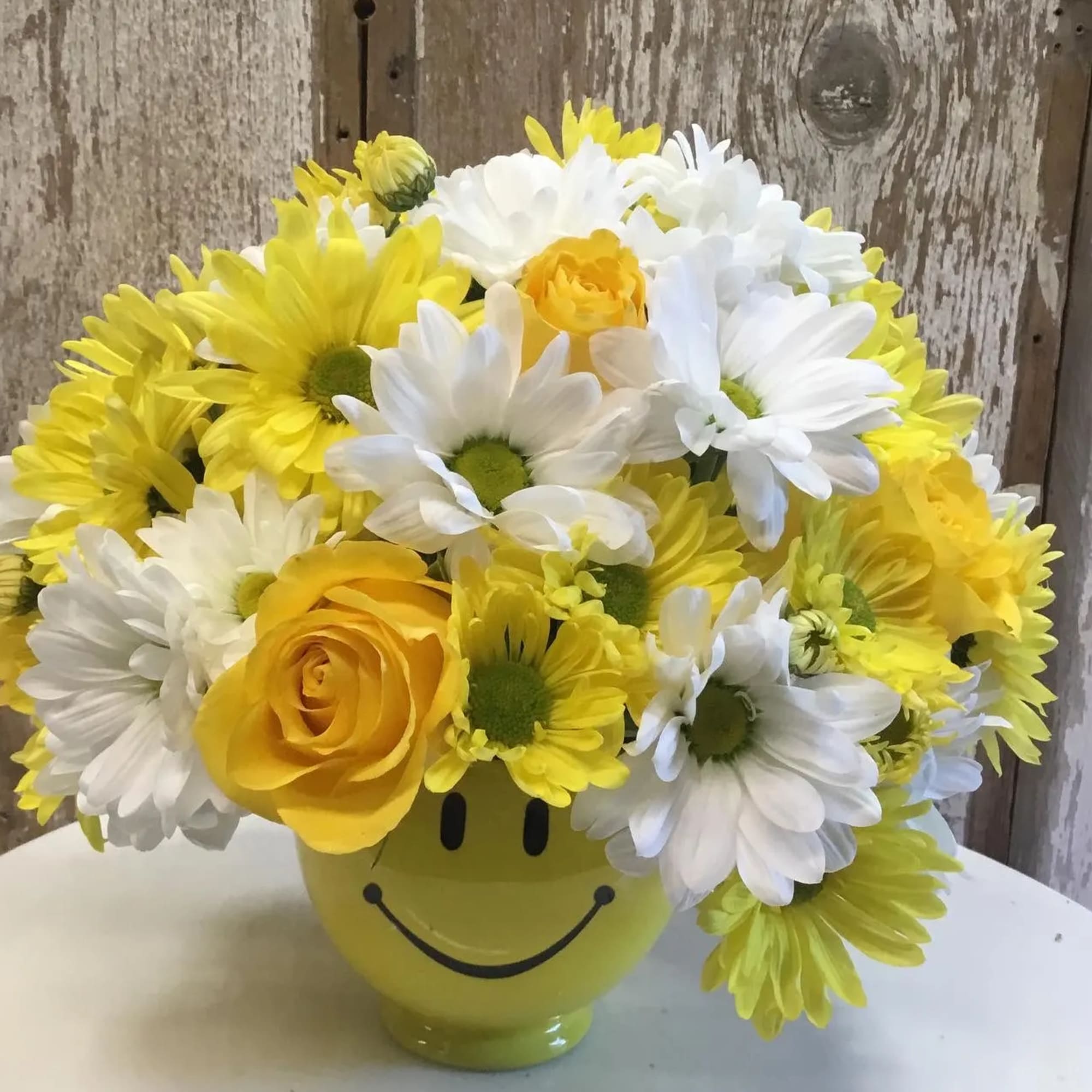 White and Yellow Daisies or Mums with Yellow Roses
