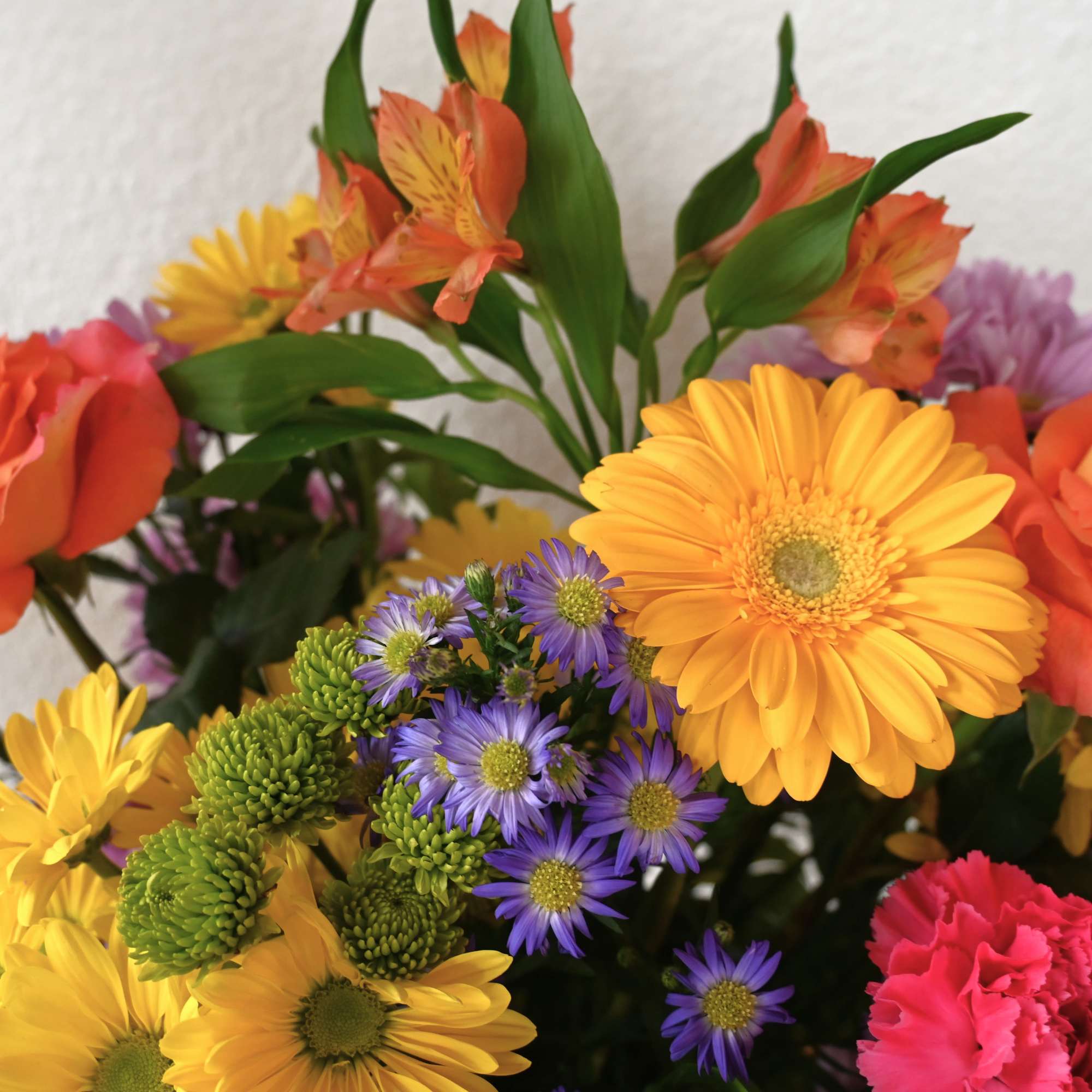 This bright and cheerful bouquet is bursting with colorful daisies, roses, gerbera