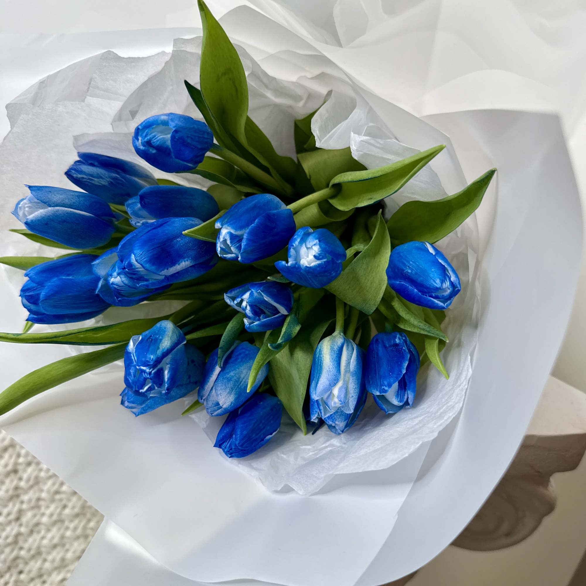 A bouquet of 10 tulips in deep, marbled shades of blue wrapped