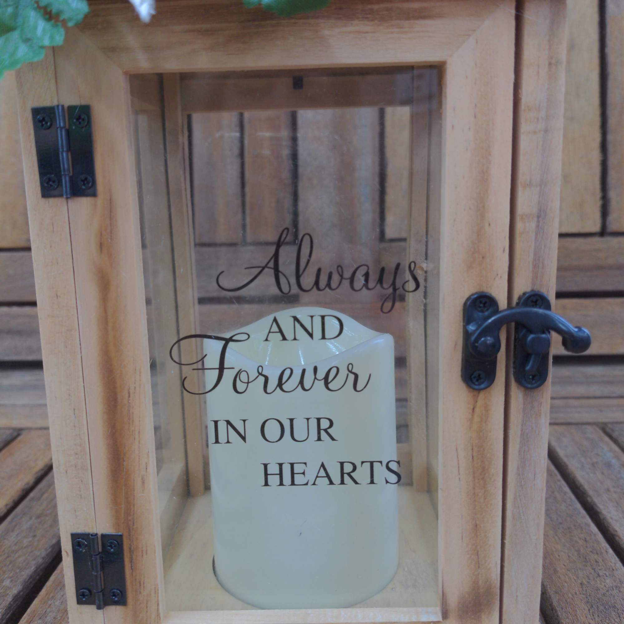 15" by 7" Lantern with flameless candle. Inscribed with Always And Forever